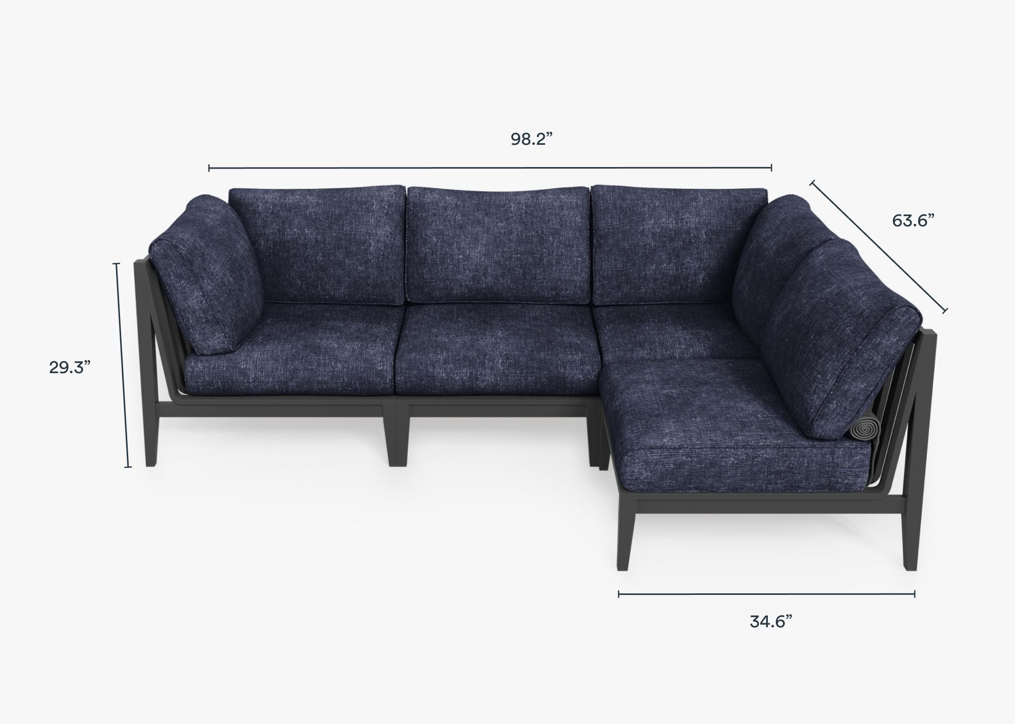 Charcoal Aluminum Outdoor L Sectional - 4 Seat dimensions in inches, also listed under Dimensions and Weights. #color_deep sea navy