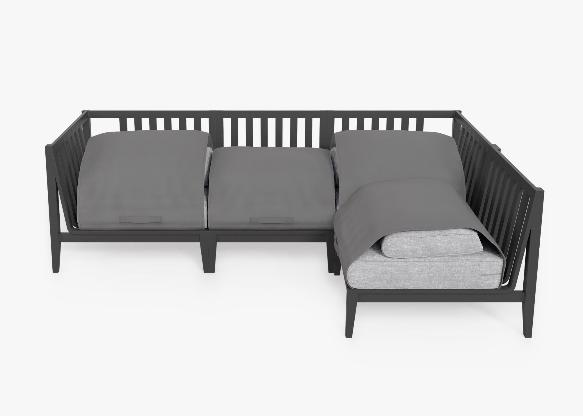 Charcoal Aluminum Outdoor L Sectional - 4 Seat shown with the OuterShell outdoor cushion cover, offering exclusive integrated protection. #color_pacific fog gray