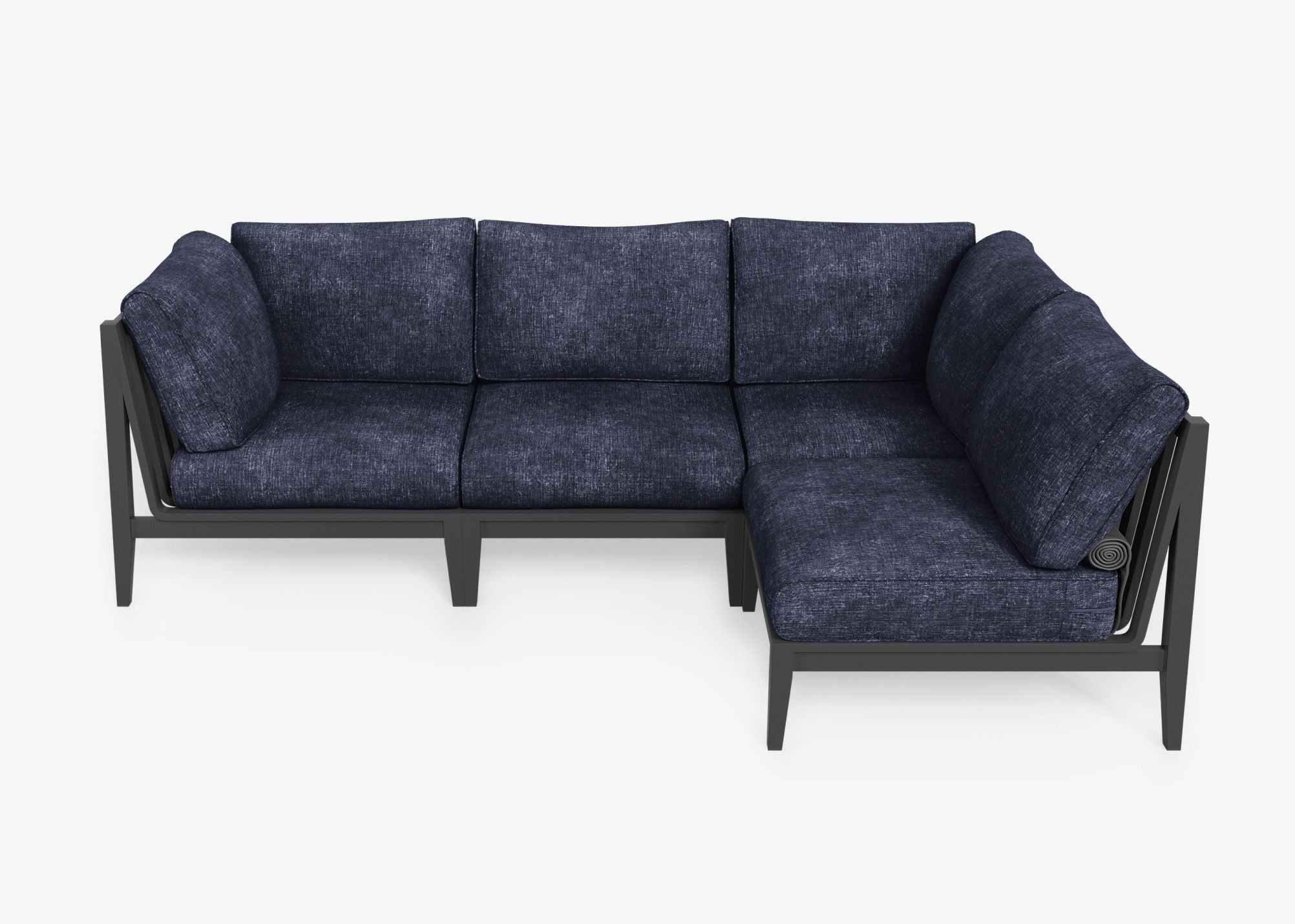Charcoal Aluminum Outdoor L Sectional - 4 Seat, front. Comfortable, durable, and weather resistant outdoor seating with memory foam. #color_deep sea navy
