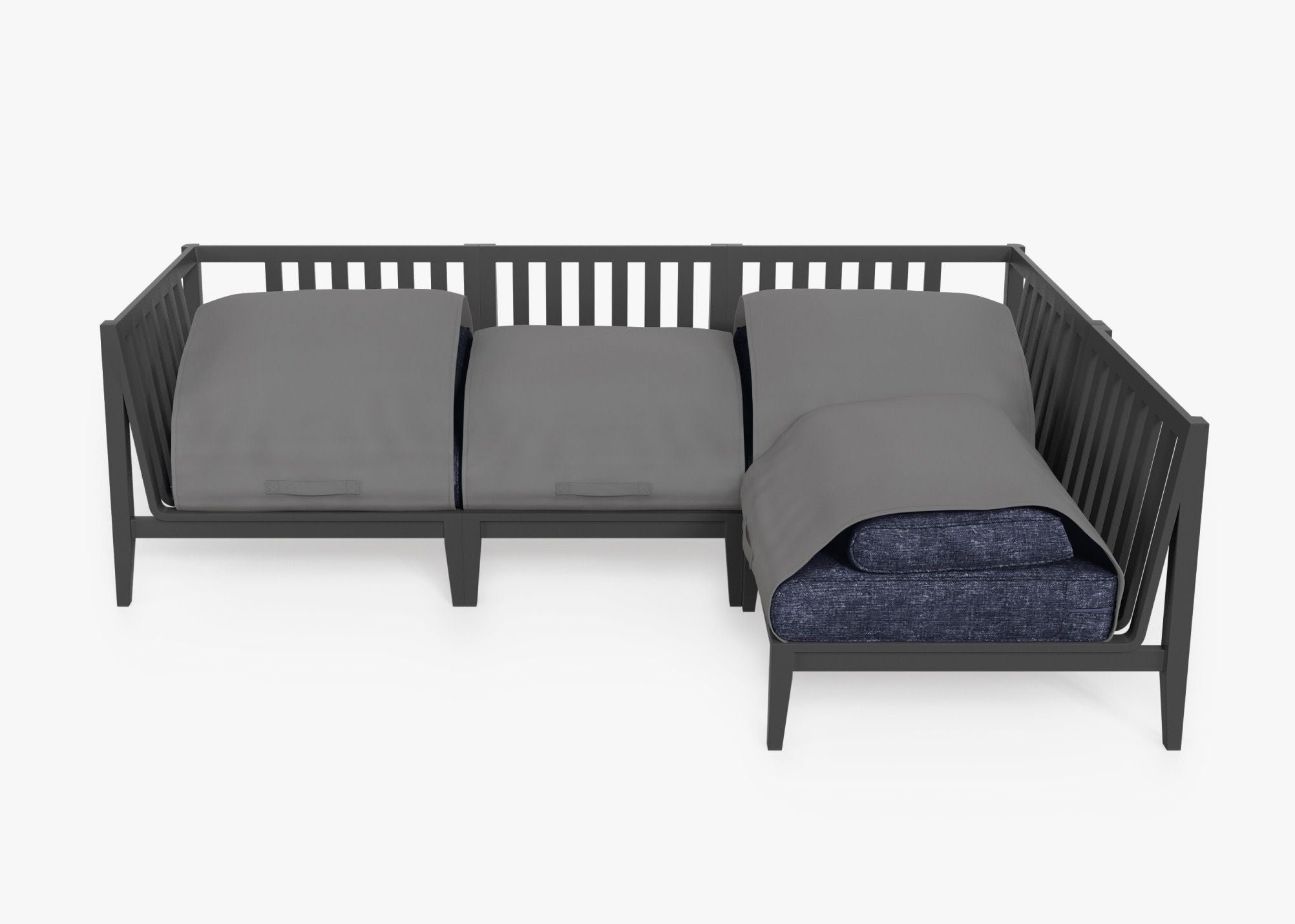 Charcoal Aluminum Outdoor L Sectional - 4 Seat shown with the OuterShell outdoor cushion cover, offering exclusive integrated protection. #color_deep sea navy