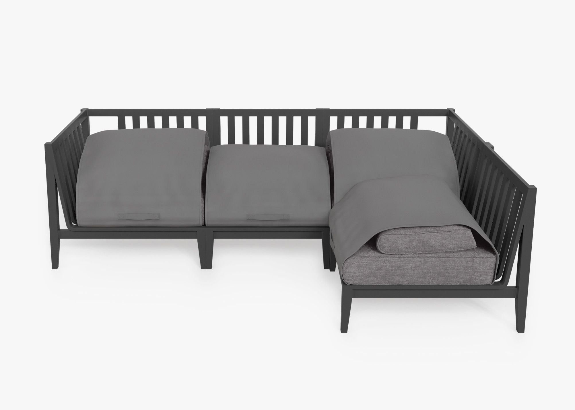 Charcoal Aluminum Outdoor L Sectional - 4 Seat shown with the OuterShell outdoor cushion cover, offering exclusive integrated protection. #color_dark pebble gray