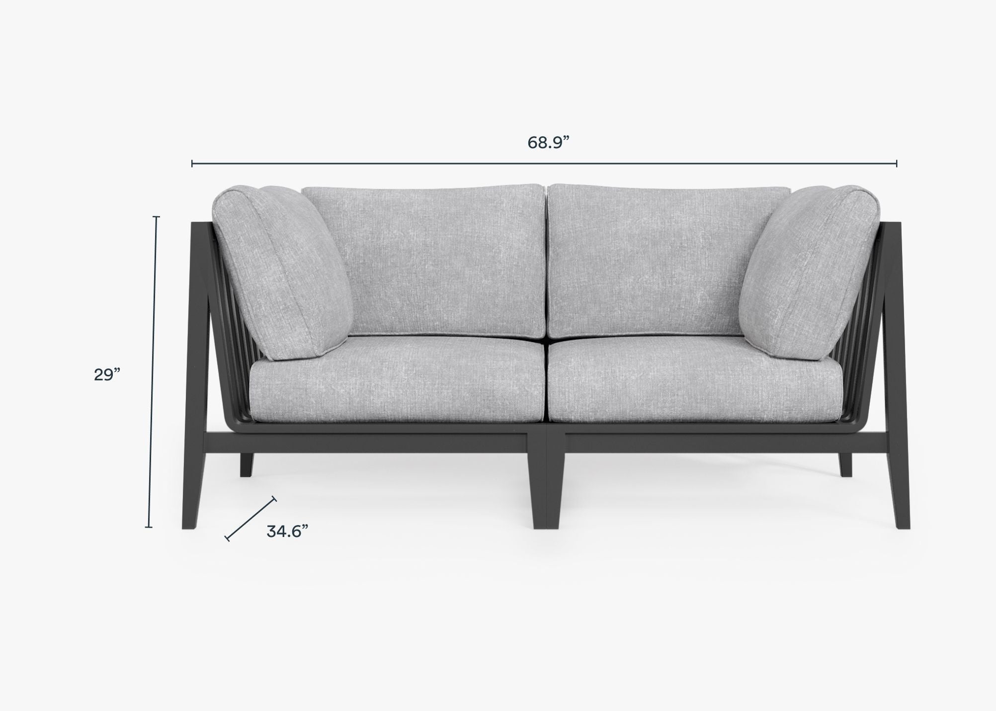 Charcoal Aluminum Outdoor Loveseat dimensions in inches, also listed under Dimensions and Weights. #color_pacific fog gray