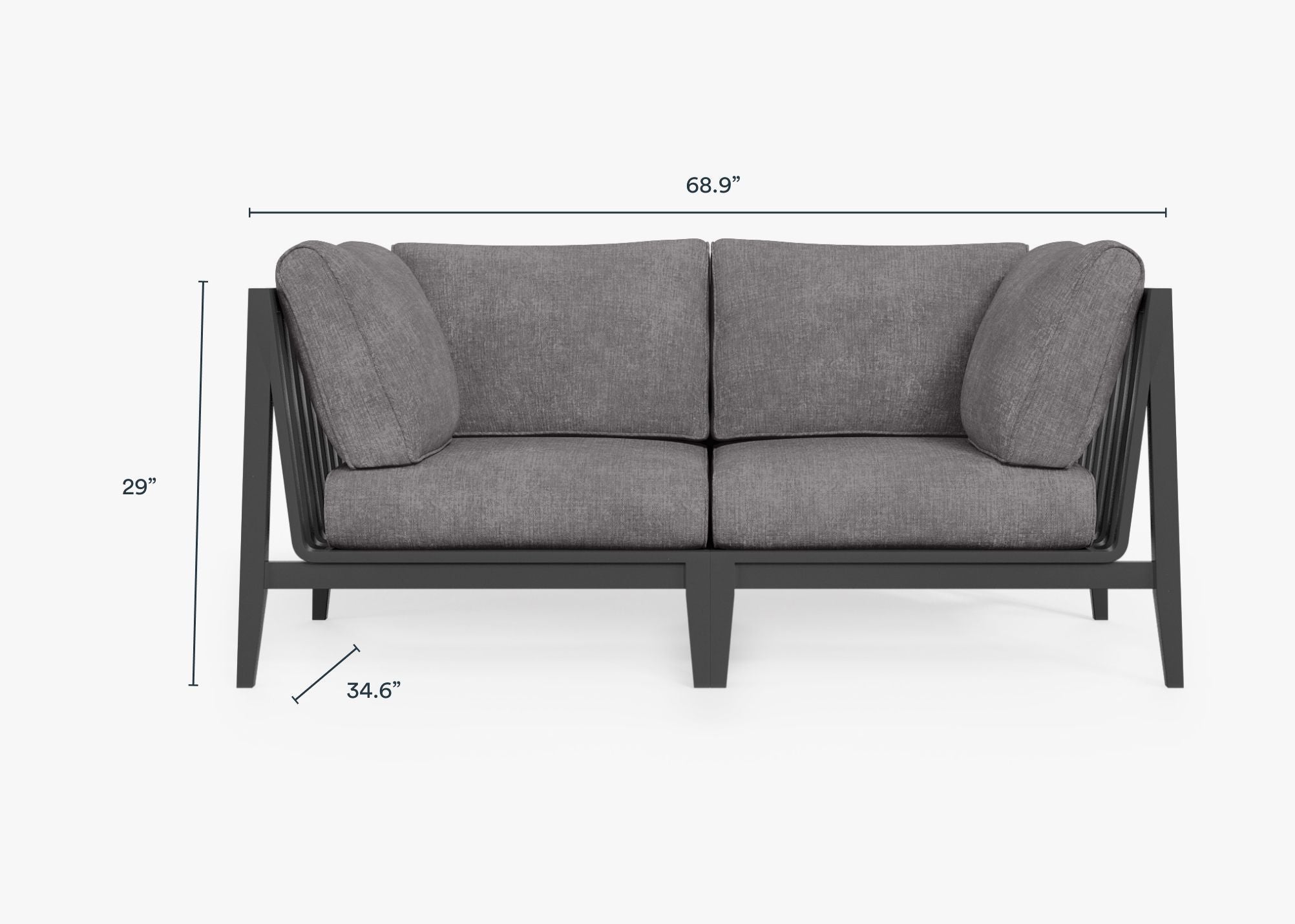 Charcoal Aluminum Outdoor Loveseat dimensions in inches, also listed under Dimensions and Weights. #color_dark pebble gray