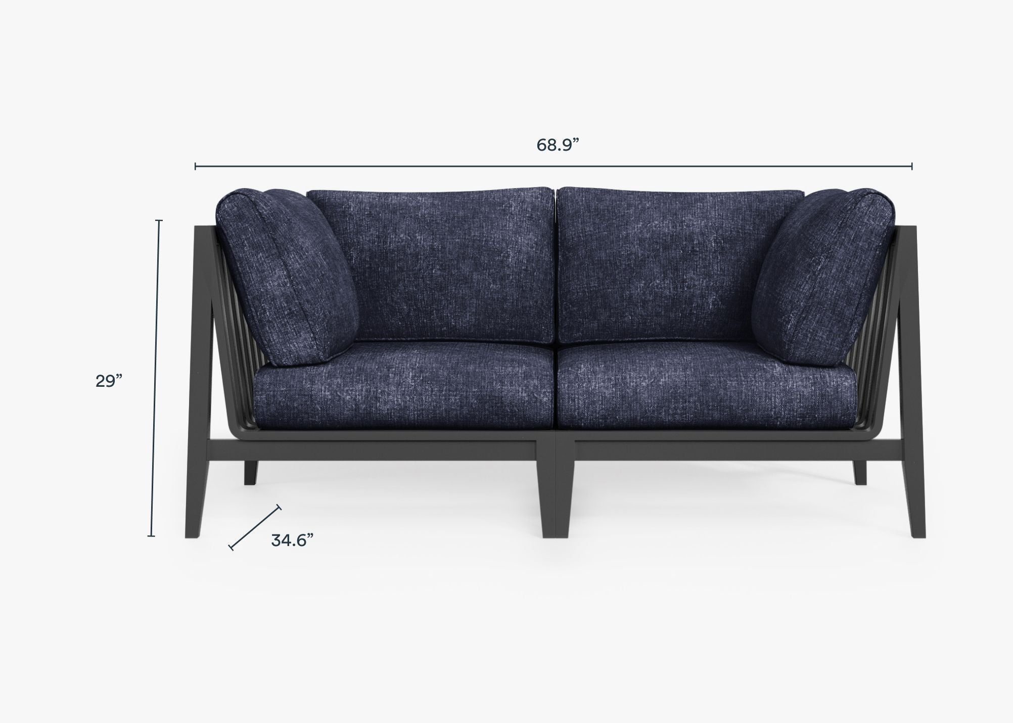 Charcoal Aluminum Outdoor Loveseat dimensions in inches, also listed under Dimensions and Weights. #color_deep sea navy