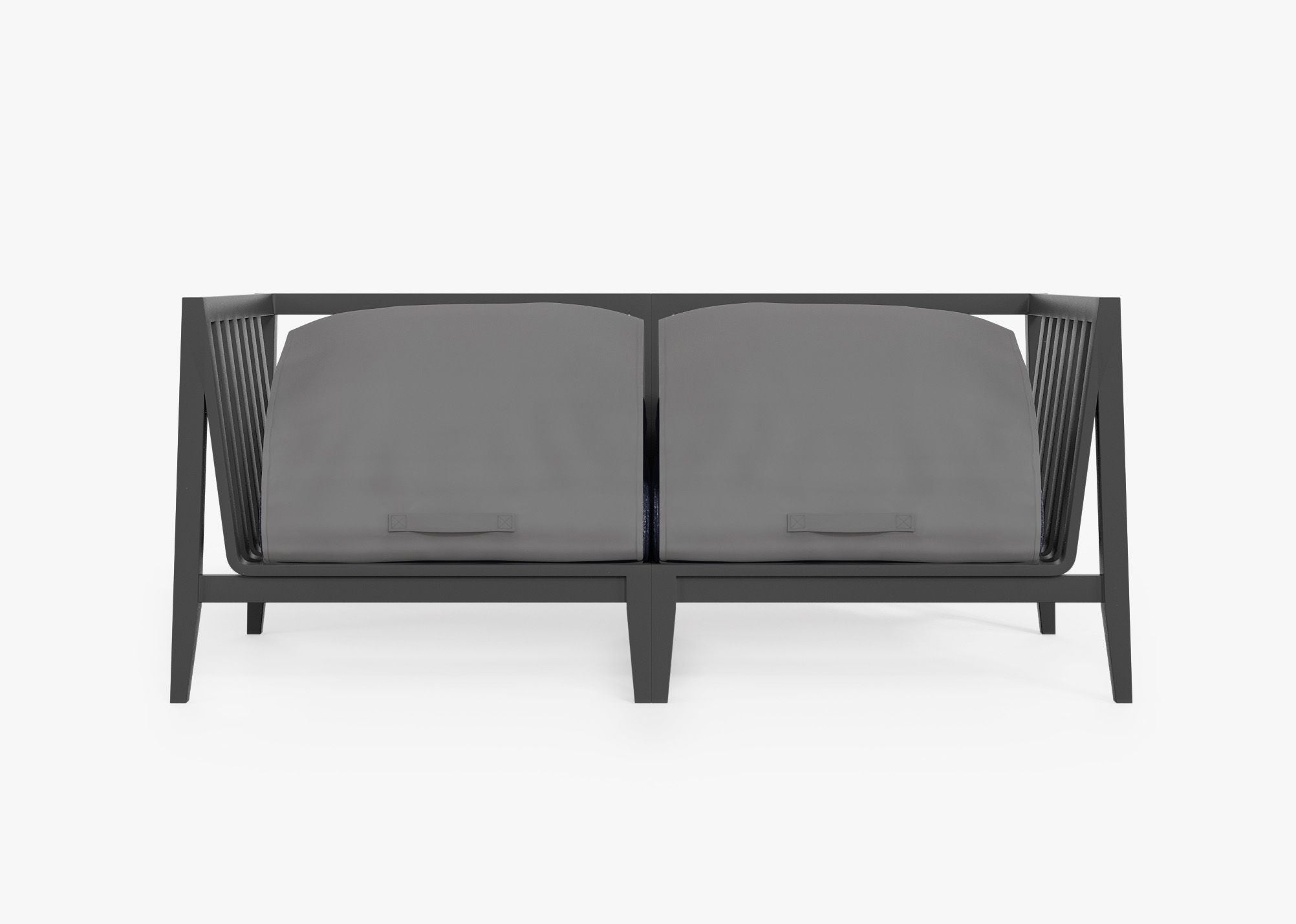 Charcoal Aluminum Outdoor Loveseat shown with the OuterShell outdoor cushion cover, offering exclusive integrated protection. #color_deep sea navy