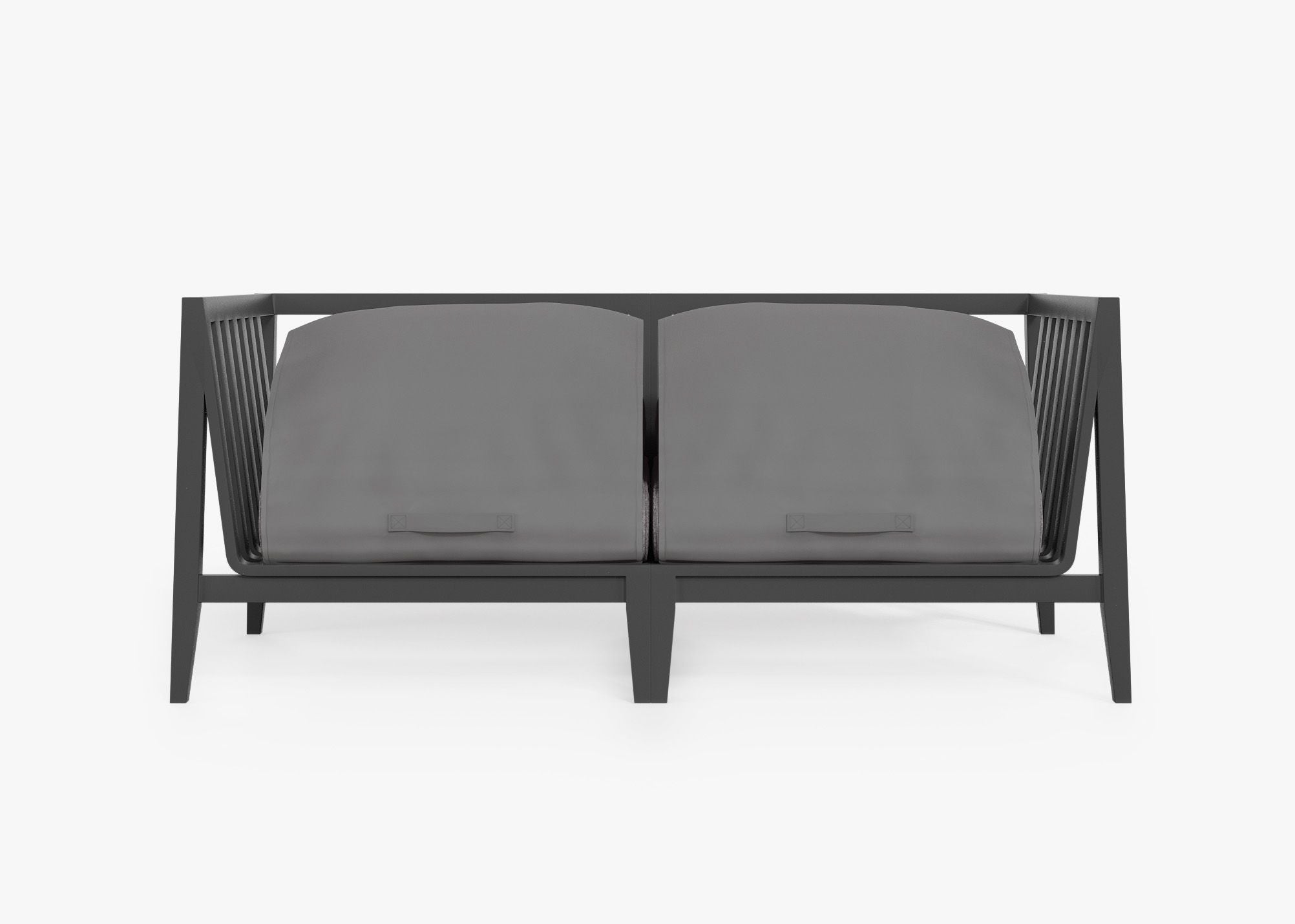 Charcoal Aluminum Outdoor Loveseat shown with the OuterShell outdoor cushion cover, offering exclusive integrated protection. #color_dark pebble gray
