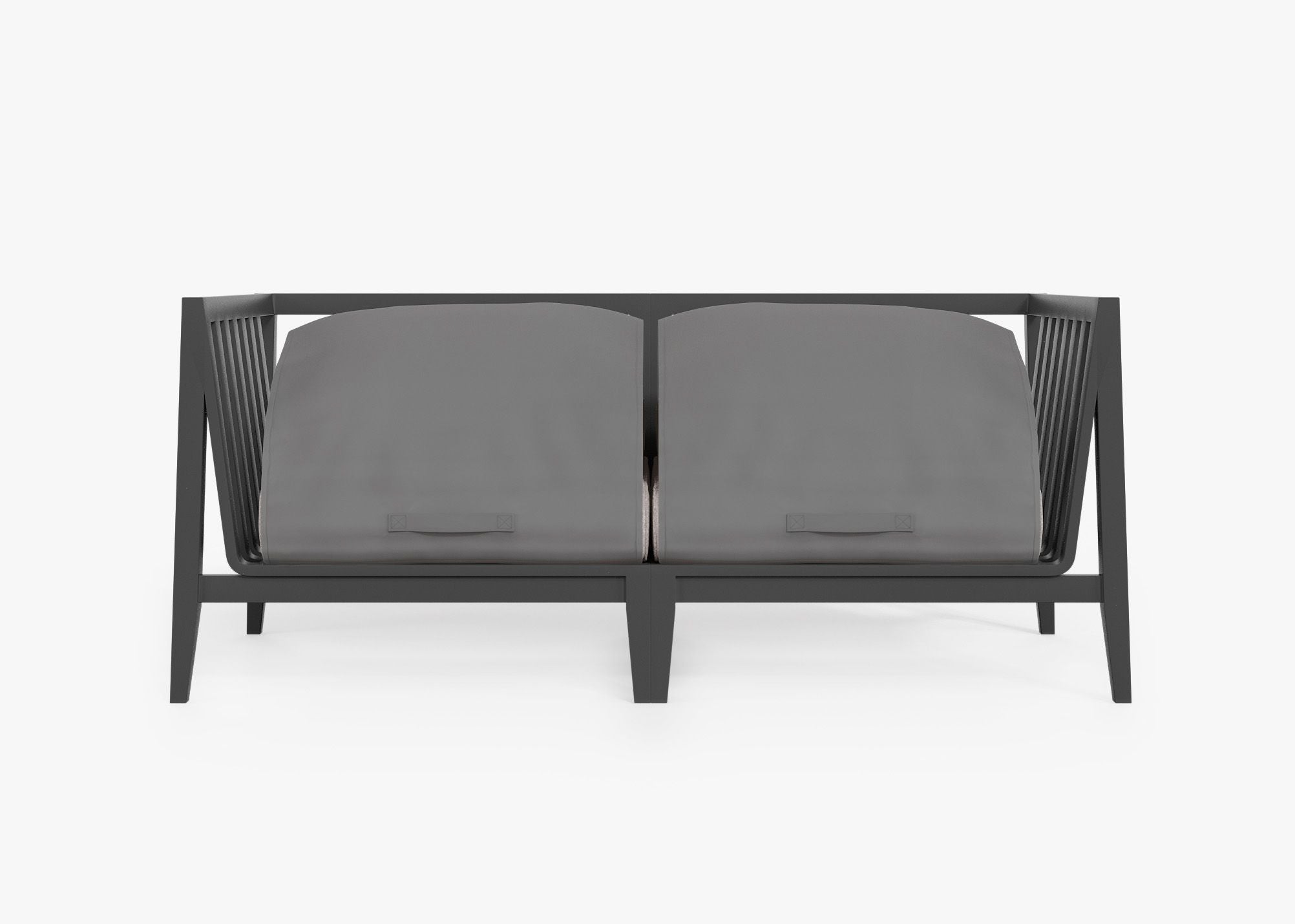 Charcoal Aluminum Outdoor Loveseat shown with the OuterShell outdoor cushion cover, offering exclusive integrated protection. #color_sandstone gray