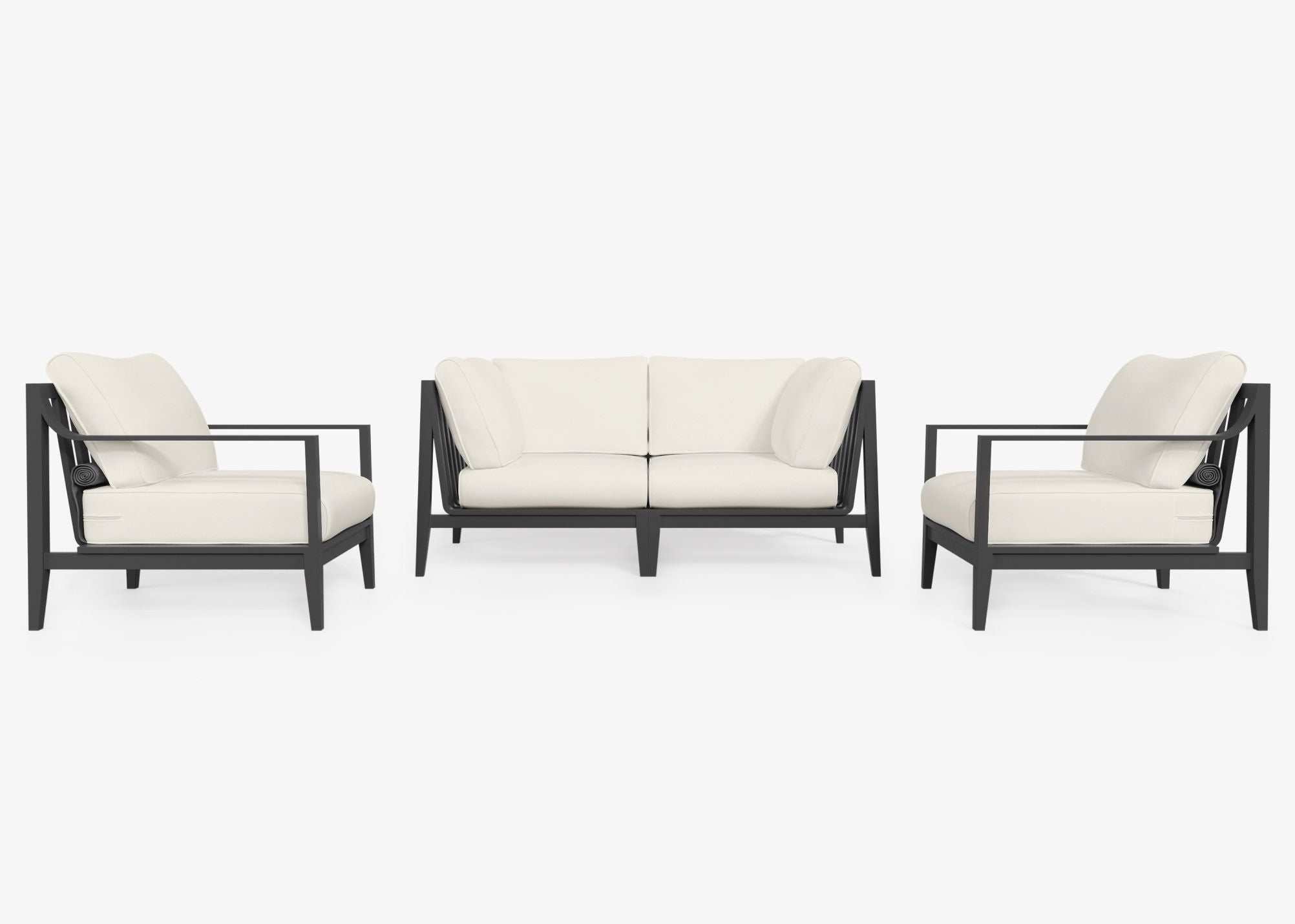 Charcoal Aluminum Outdoor Loveseat with Armchairs - 4 Seat, front. Comfortable, durable, and weather resistant outdoor seating with memory foam. #color_palisades cream