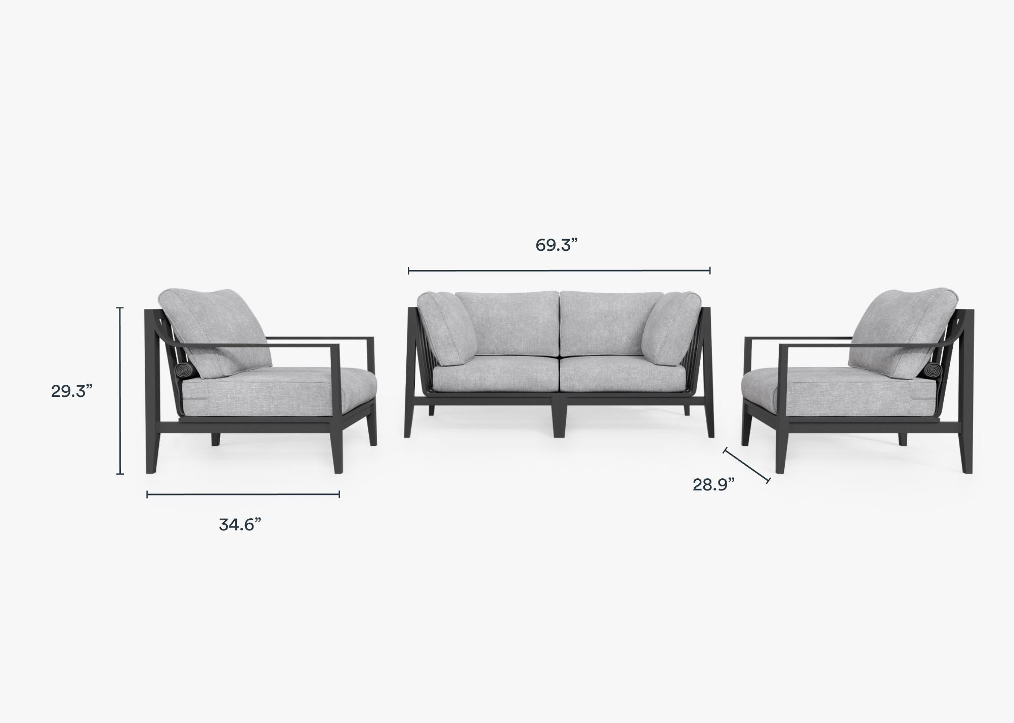 Charcoal Aluminum Outdoor Loveseat with Armchairs - 4 Seat dimensions in inches, also listed under Dimensions and Weights. #color_pacific fog gray
