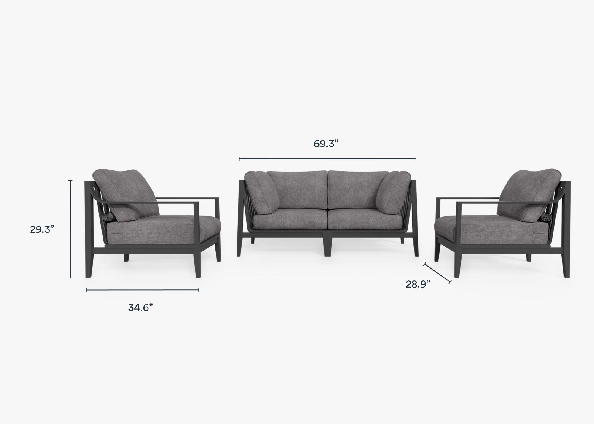 Charcoal Aluminum Outdoor Loveseat with Armchairs - 4 Seat dimensions in inches, also listed under Dimensions and Weights. #color_dark pebble gray