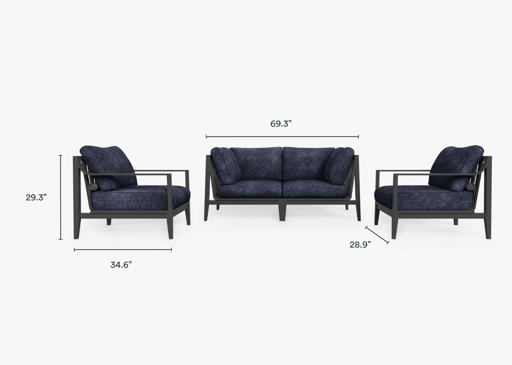 Charcoal Aluminum Outdoor Loveseat with Armchairs - 4 Seat dimensions in inches, also listed under Dimensions and Weights. #color_deep sea navy