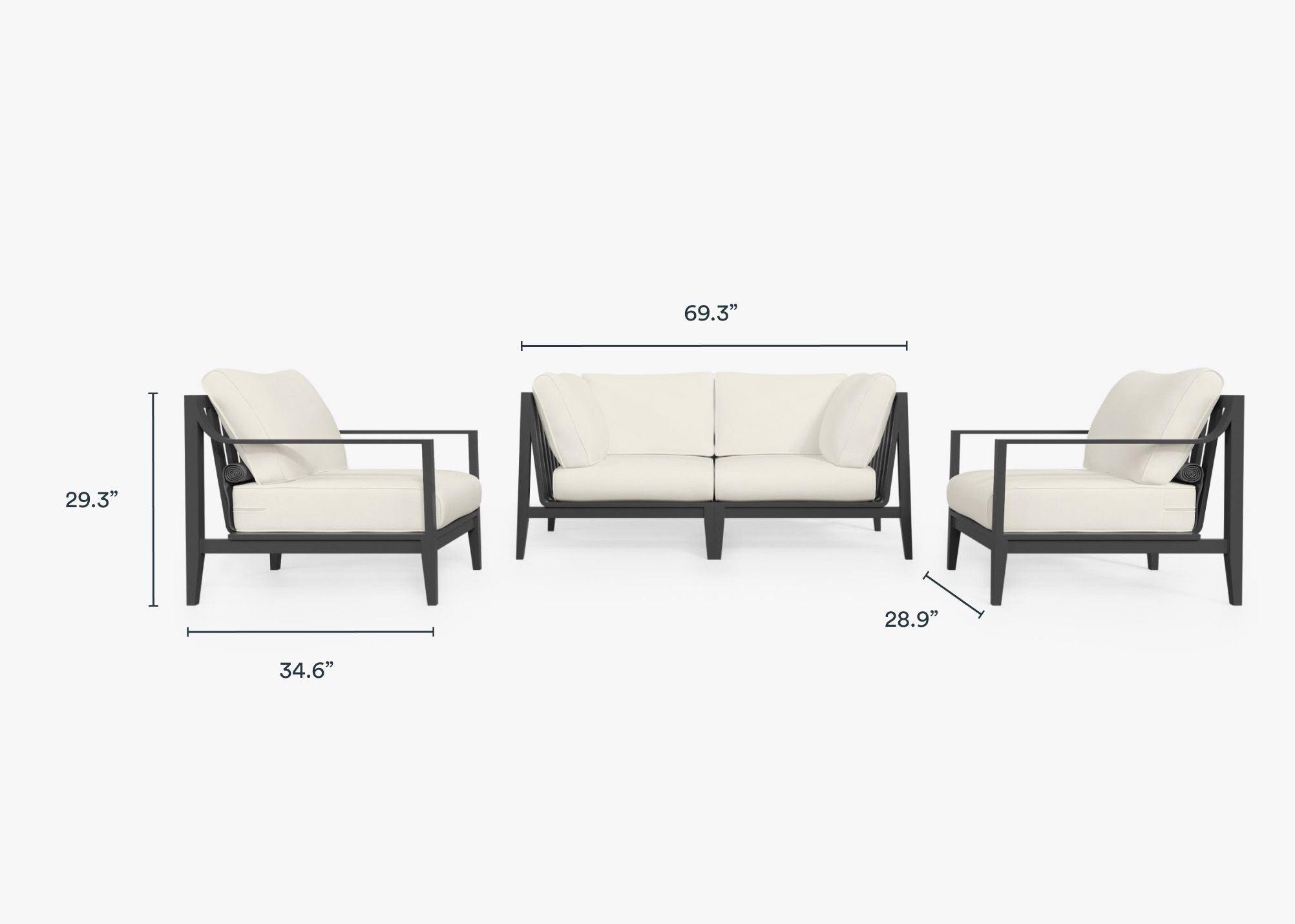 Charcoal Aluminum Outdoor Loveseat with Armchairs - 4 Seat dimensions in inches, also listed under Dimensions and Weights. #color_palisades cream