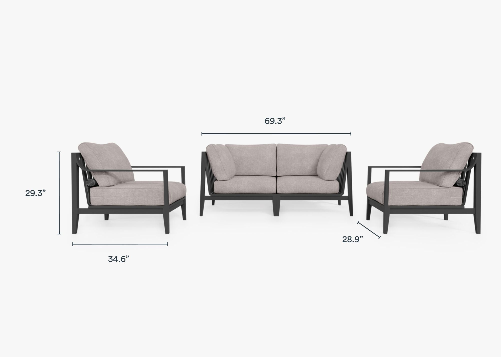 Charcoal Aluminum Outdoor Loveseat with Armchairs - 4 Seat dimensions in inches, also listed under Dimensions and Weights. #color_sandstone gray