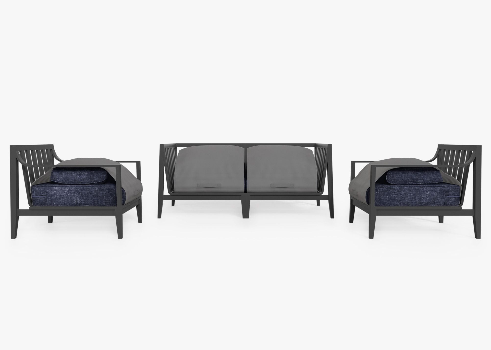 Charcoal Aluminum Outdoor Loveseat with Armchairs - 4 Seat shown with the OuterShell outdoor cushion cover, offering exclusive integrated protection. #color_deep sea navy