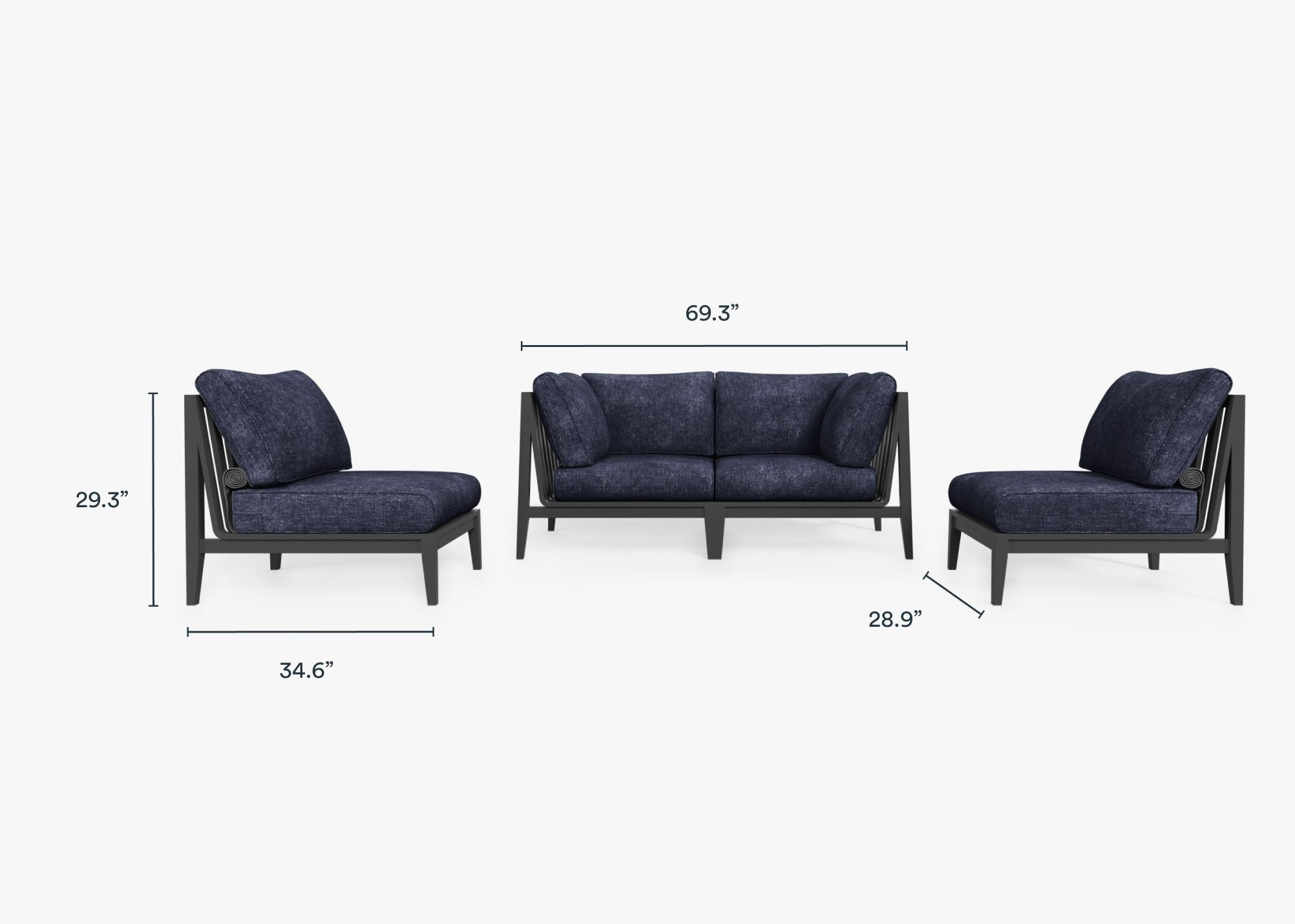 Charcoal Aluminum Outdoor Loveseat with Armless Chairs - 4 Seat dimensions in inches, also listed under Dimensions and Weights. #color_deep sea navy