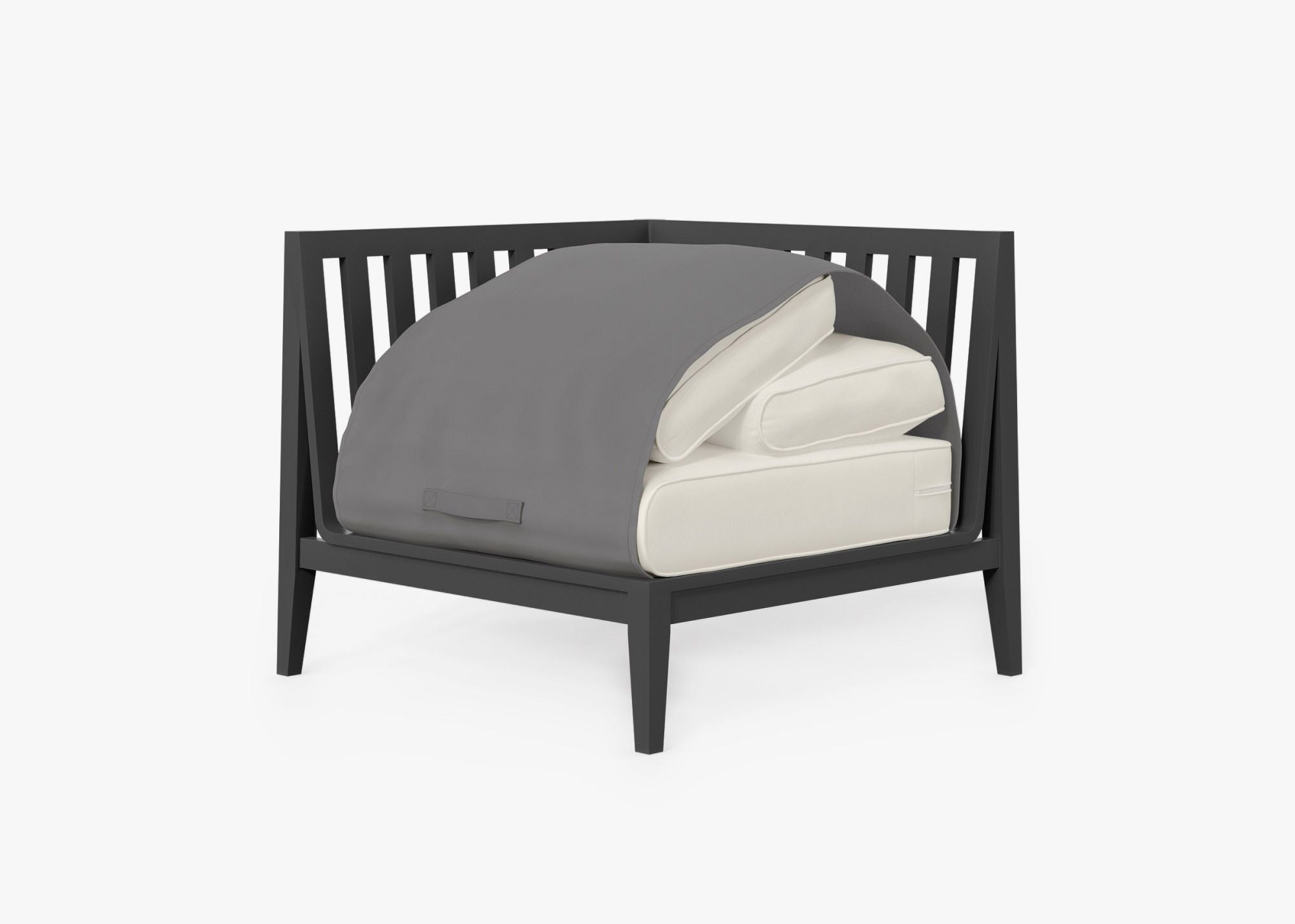 Charcoal Aluminum Outdoor Sectional Chair - Right shown with the OuterShell outdoor cushion cover, offering exclusive integrated protection. #color_palisades cream