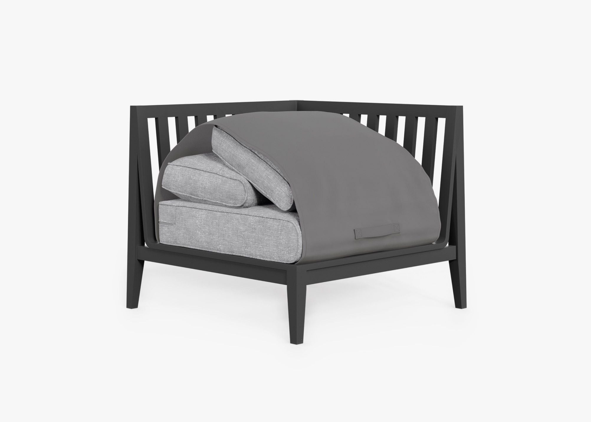 Charcoal Aluminum Outdoor Sectional Chair - Left shown with the OuterShell outdoor cushion cover, offering exclusive integrated protection. #color_pacific fog gray