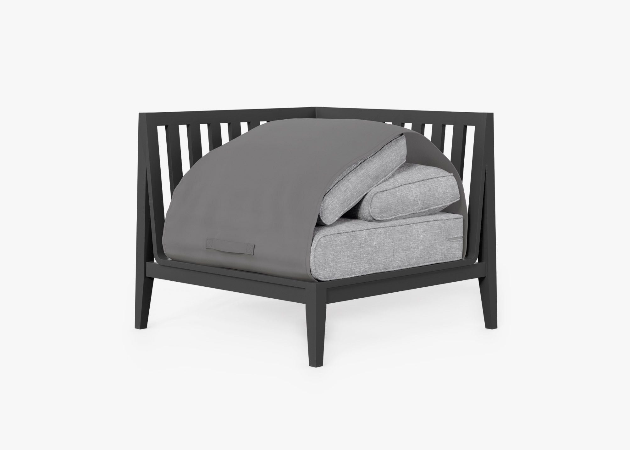 Charcoal Aluminum Outdoor Sectional Chair - Right shown with the OuterShell outdoor cushion cover, offering exclusive integrated protection. #color_pacific fog gray