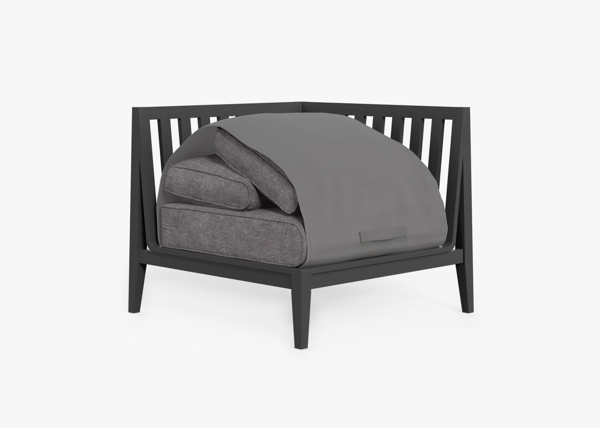 Charcoal Aluminum Outdoor Sectional Chair - Left shown with the OuterShell outdoor cushion cover, offering exclusive integrated protection. #color_dark pebble gray