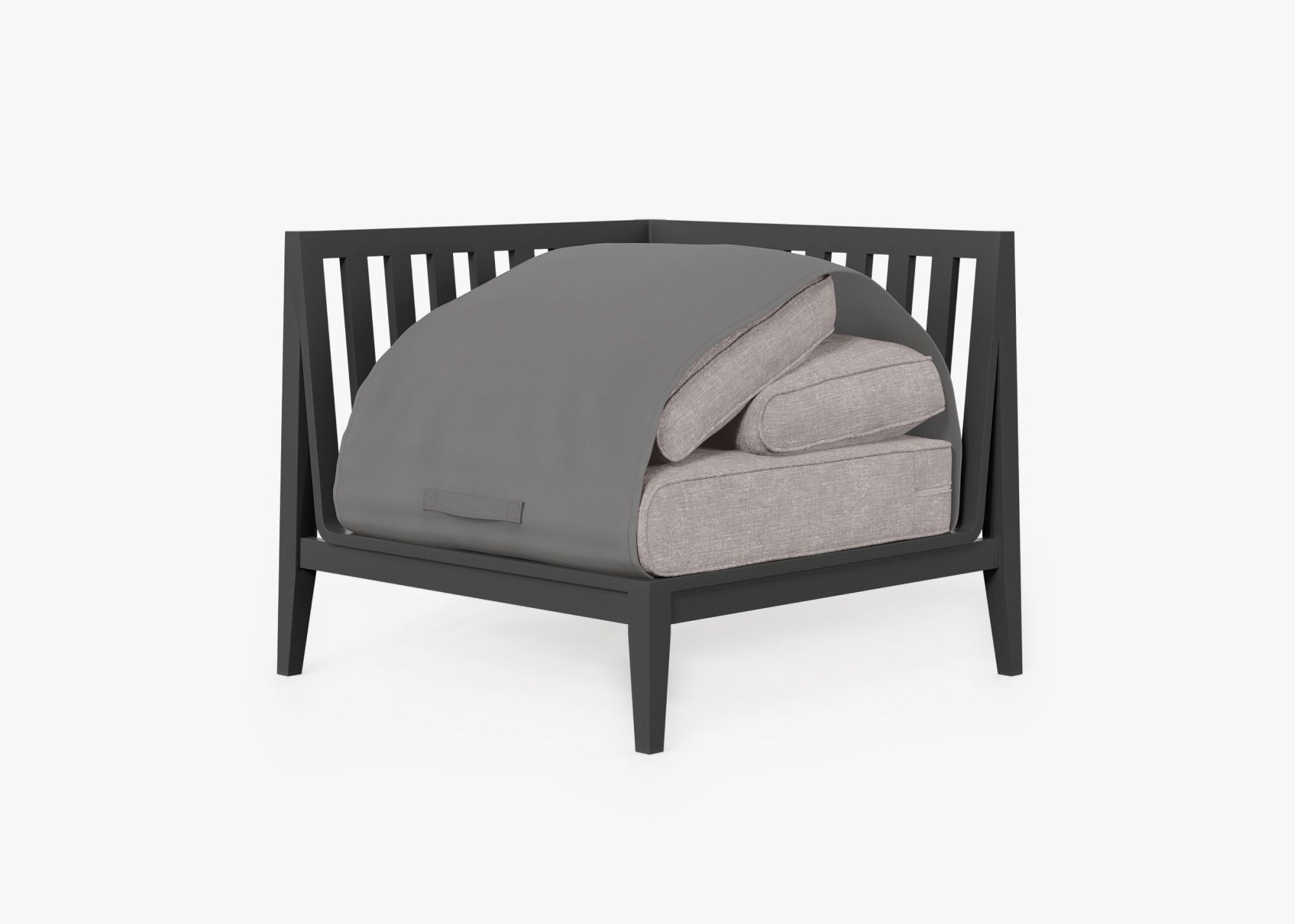 Charcoal Aluminum Outdoor Sectional Chair - Right shown with the OuterShell outdoor cushion cover, offering exclusive integrated protection. #color_sandstone gray