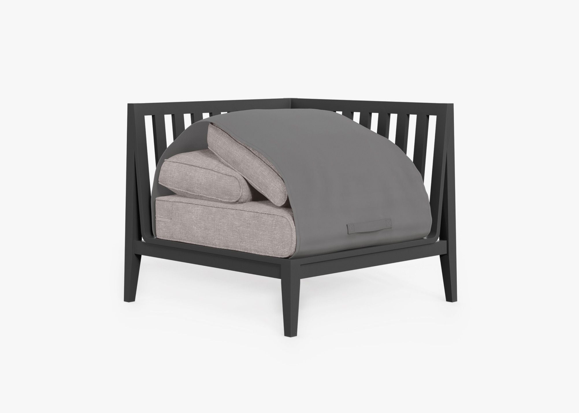 Charcoal Aluminum Outdoor Sectional Chair - Left shown with the OuterShell outdoor cushion cover, offering exclusive integrated protection. #color_sandstone gray