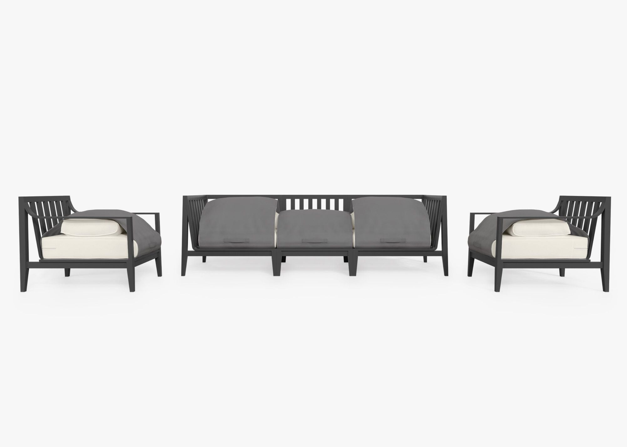 Charcoal Aluminum Outdoor Sofa with Armchairs - 5 Seat shown with the OuterShell outdoor cushion cover, offering exclusive integrated protection. #color_palisades cream