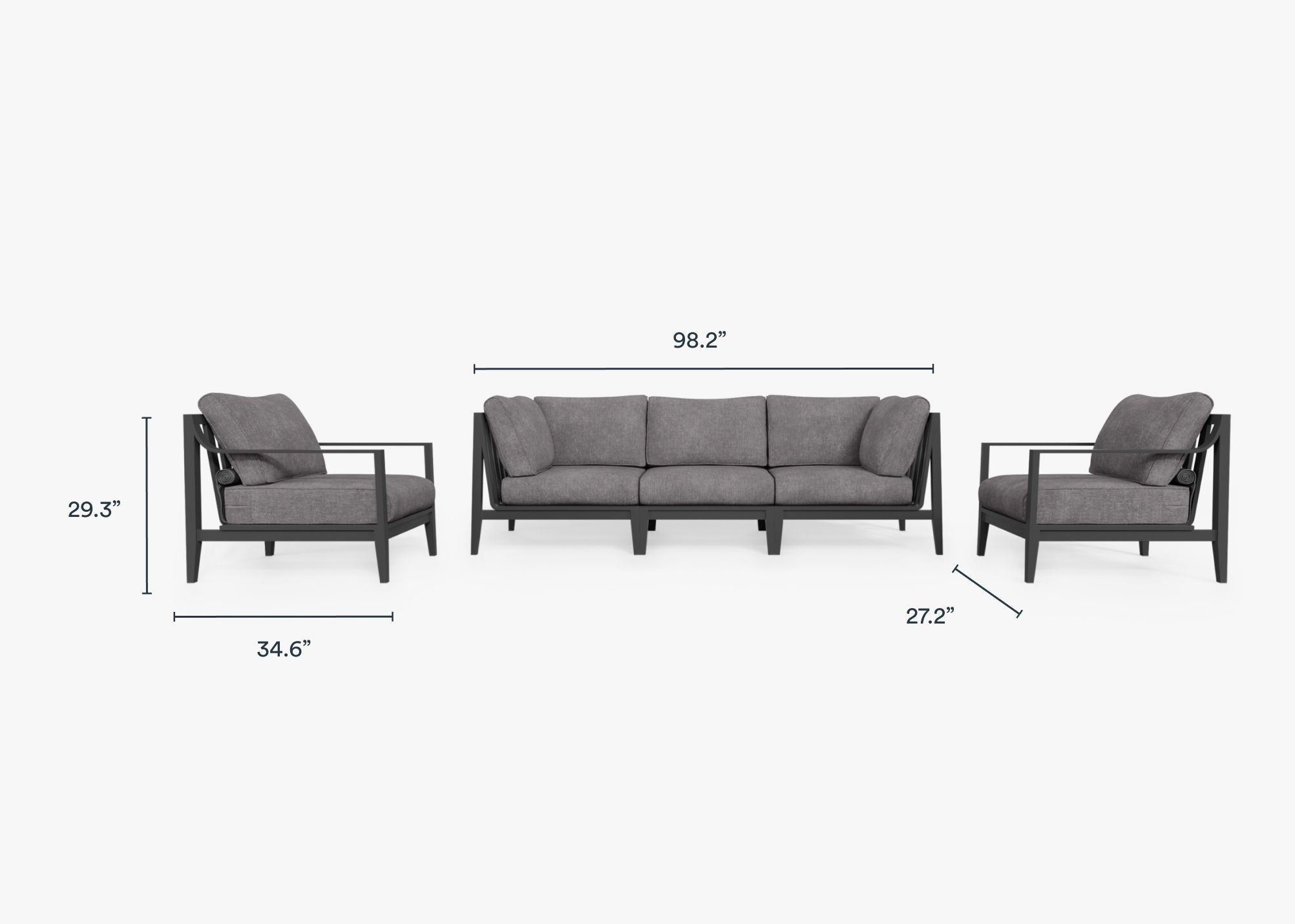 Charcoal Aluminum Outdoor Sofa with Armchairs - 5 Seat dimensions in inches, also listed under Dimensions and Weights. #color_dark pebble gray