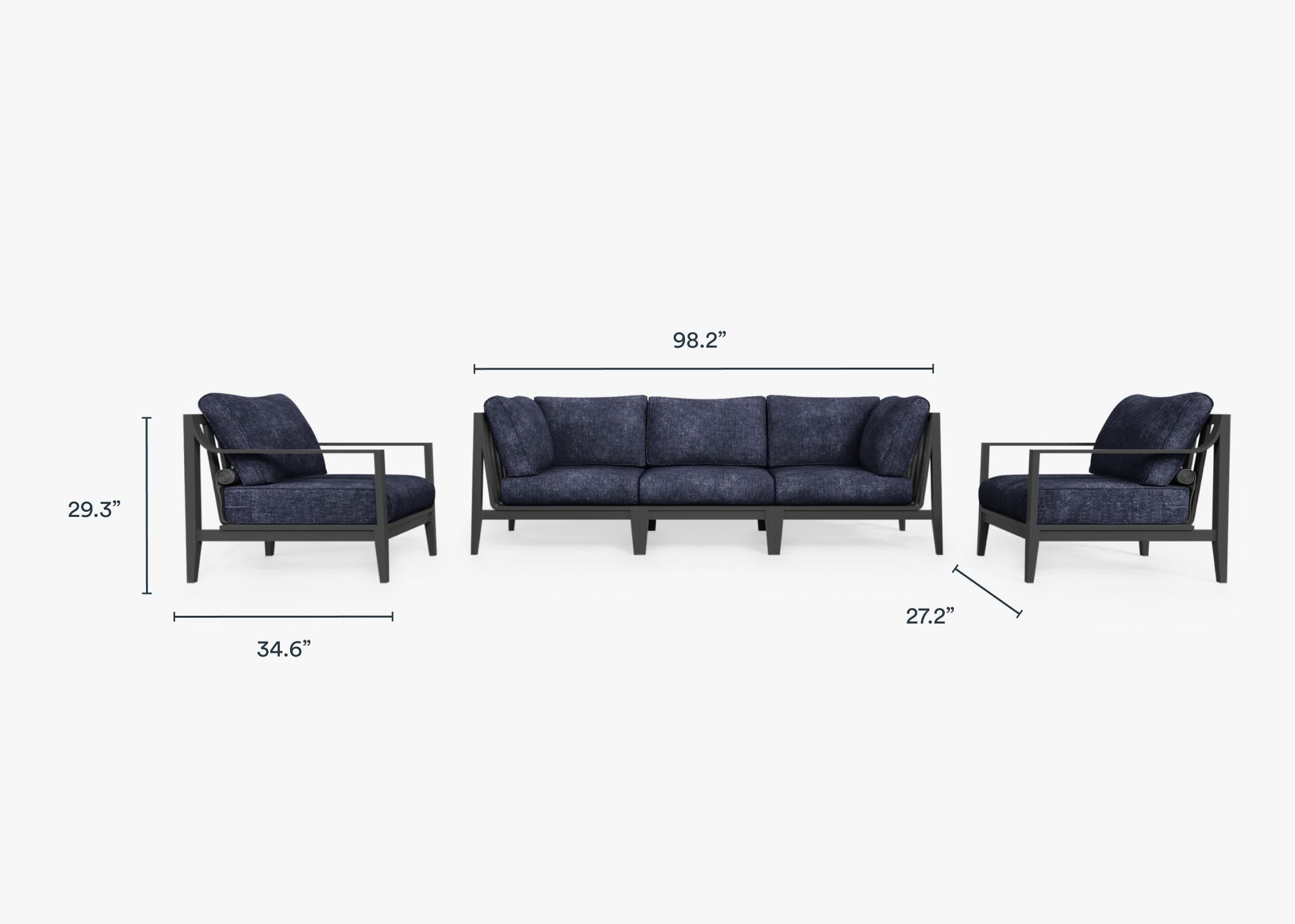 Charcoal Aluminum Outdoor Sofa with Armchairs - 5 Seat dimensions in inches, also listed under Dimensions and Weights. #color_deep sea navy