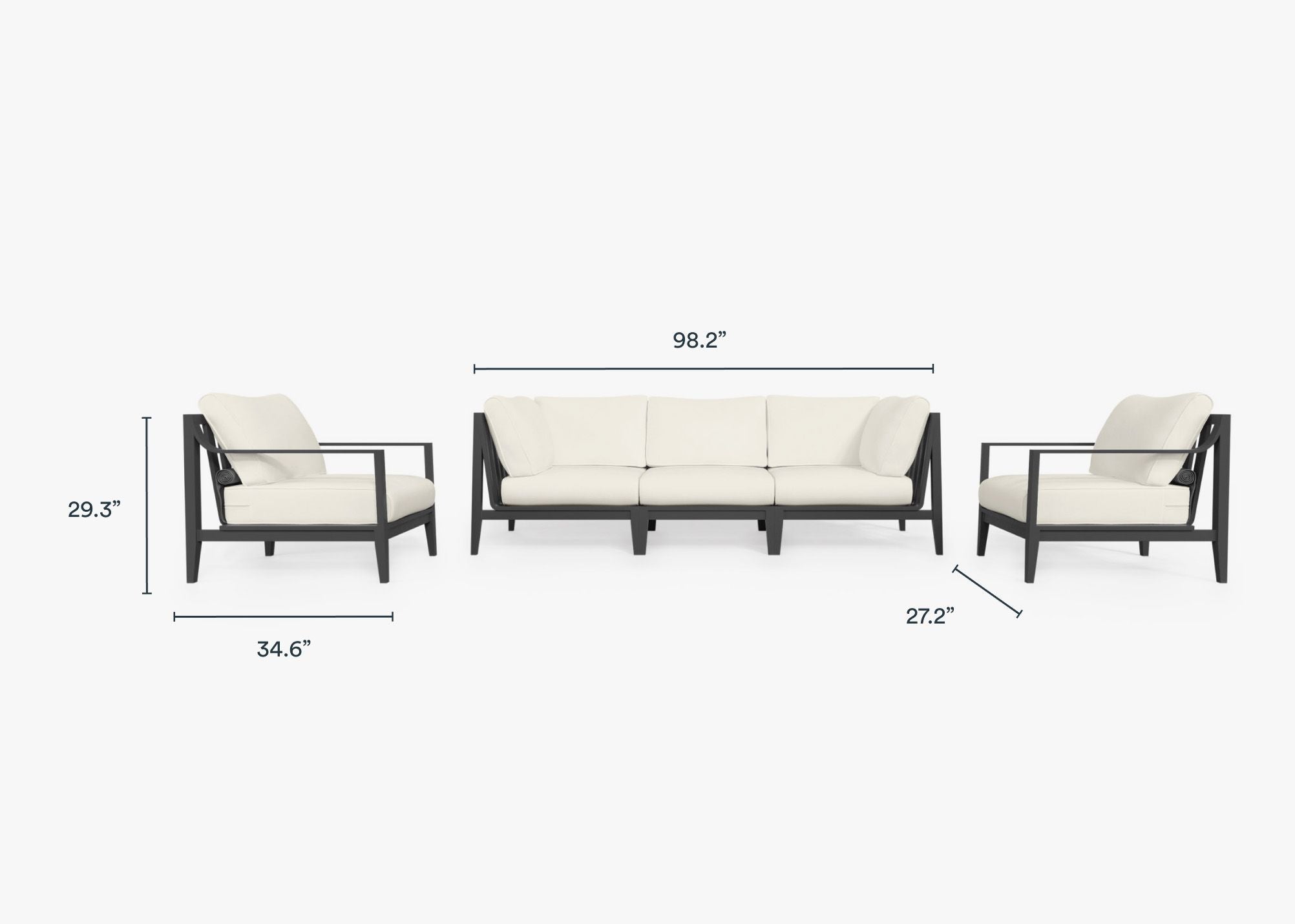 Charcoal Aluminum Outdoor Sofa with Armchairs - 5 Seat dimensions in inches, also listed under Dimensions and Weights. #color_palisades cream