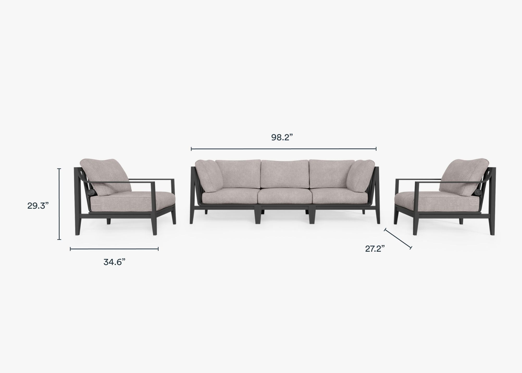 Charcoal Aluminum Outdoor Sofa with Armchairs - 5 Seat dimensions in inches, also listed under Dimensions and Weights. #color_sandstone gray