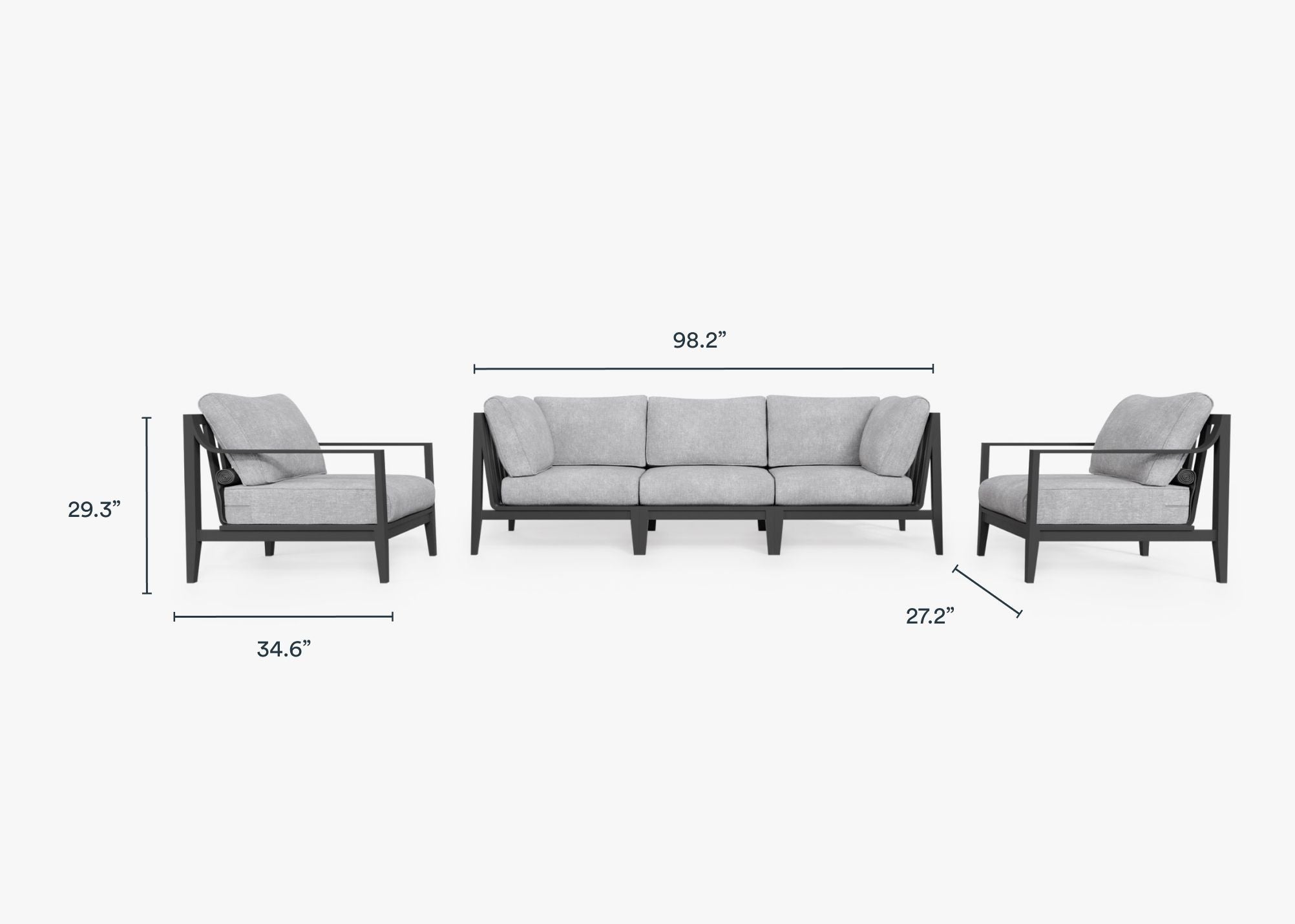 Charcoal Aluminum Outdoor Sofa with Armchairs - 5 Seat dimensions in inches, also listed under Dimensions and Weights. #color_pacific fog gray