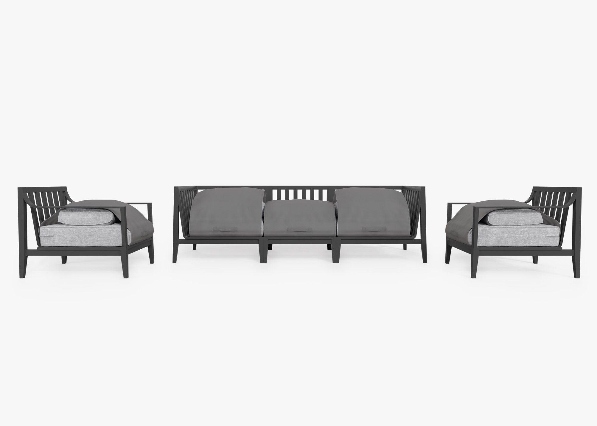 Charcoal Aluminum Outdoor Sofa with Armchairs - 5 Seat shown with the OuterShell outdoor cushion cover, offering exclusive integrated protection. #color_pacific fog gray