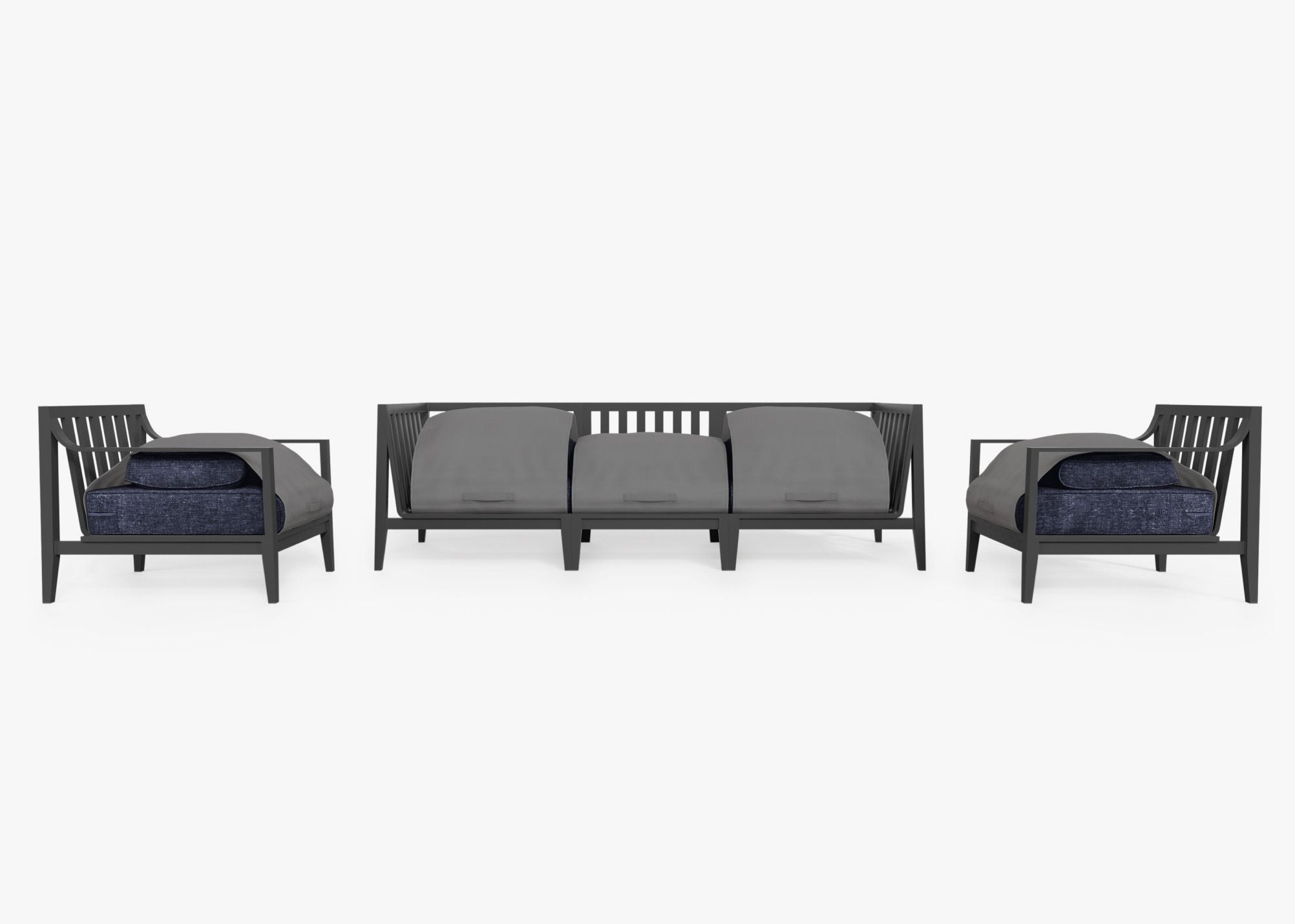 Charcoal Aluminum Outdoor Sofa with Armchairs - 5 Seat shown with the OuterShell outdoor cushion cover, offering exclusive integrated protection. #color_deep sea navy