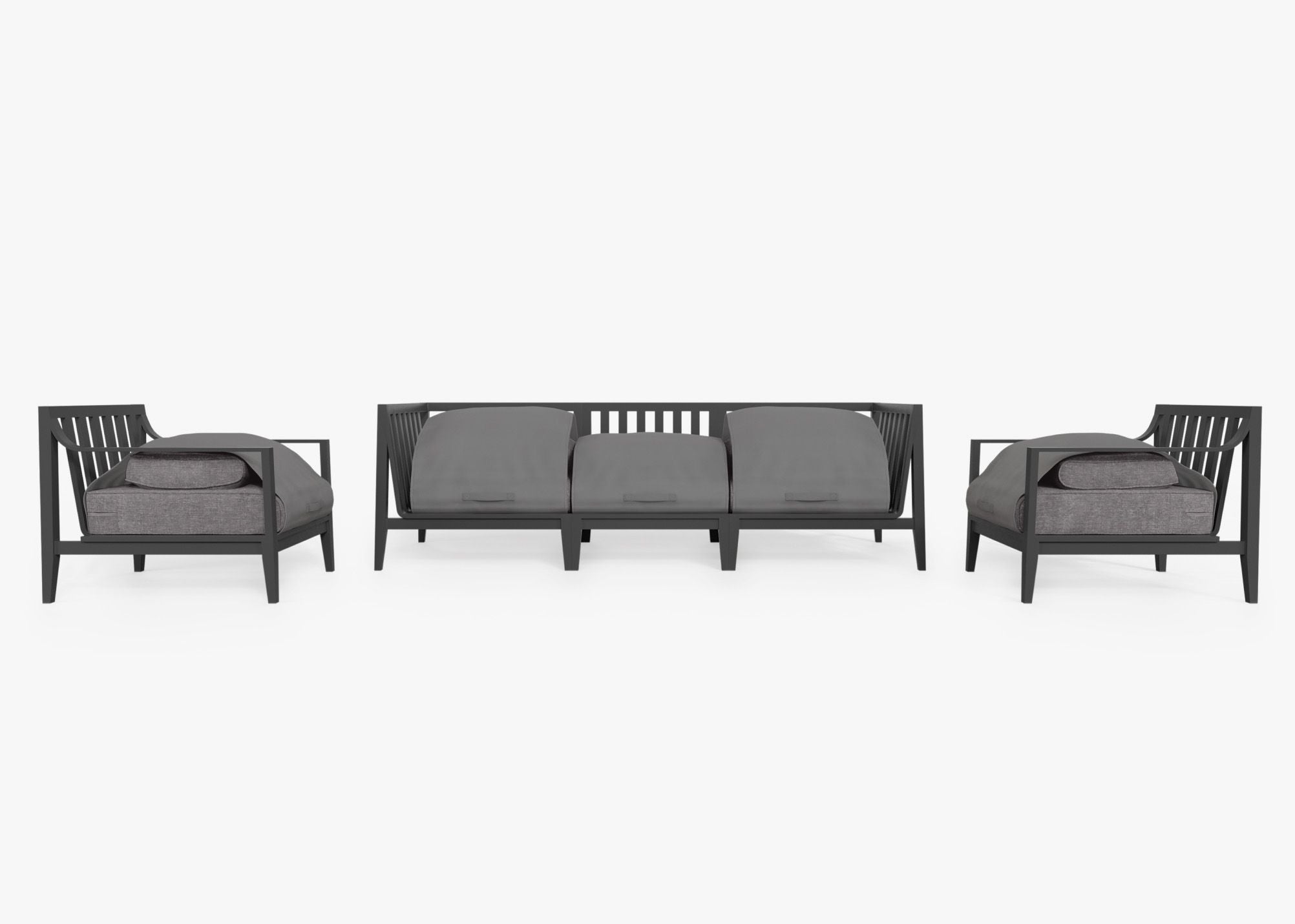 Charcoal Aluminum Outdoor Sofa with Armchairs - 5 Seat shown with the OuterShell outdoor cushion cover, offering exclusive integrated protection. #color_dark pebble gray