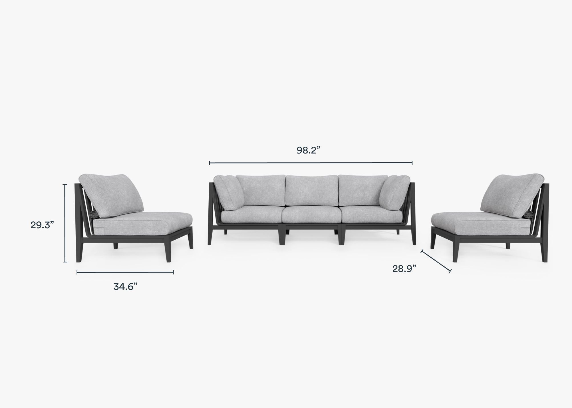 Charcoal Aluminum Outdoor Sofa with Armless Chairs - 5 Seat dimensions in inches, also listed under Dimensions and Weights. #color_pacific fog gray