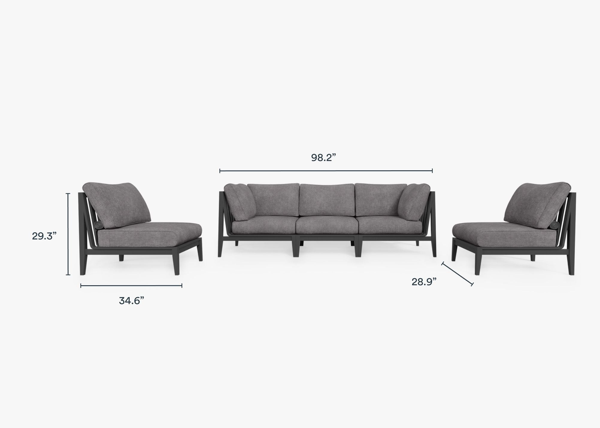 Charcoal Aluminum Outdoor Sofa with Armless Chairs - 5 Seat dimensions in inches, also listed under Dimensions and Weights. #color_dark pebble gray