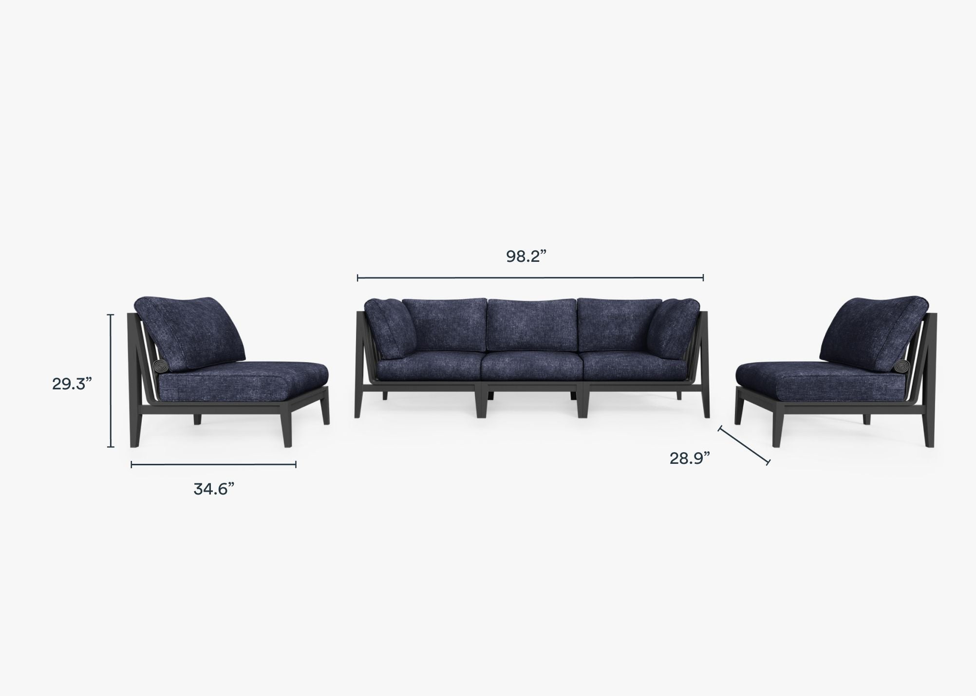 Charcoal Aluminum Outdoor Sofa with Armless Chairs - 5 Seat dimensions in inches, also listed under Dimensions and Weights. #color_deep sea navy