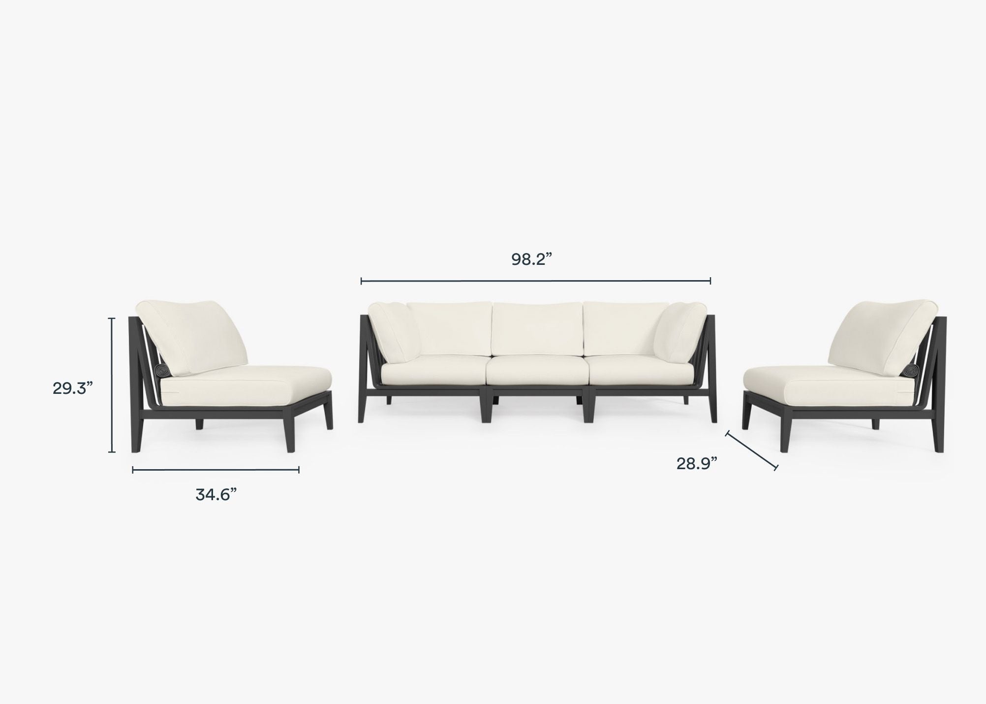 Charcoal Aluminum Outdoor Sofa with Armless Chairs - 5 Seat dimensions in inches, also listed under Dimensions and Weights. #color_palisades cream