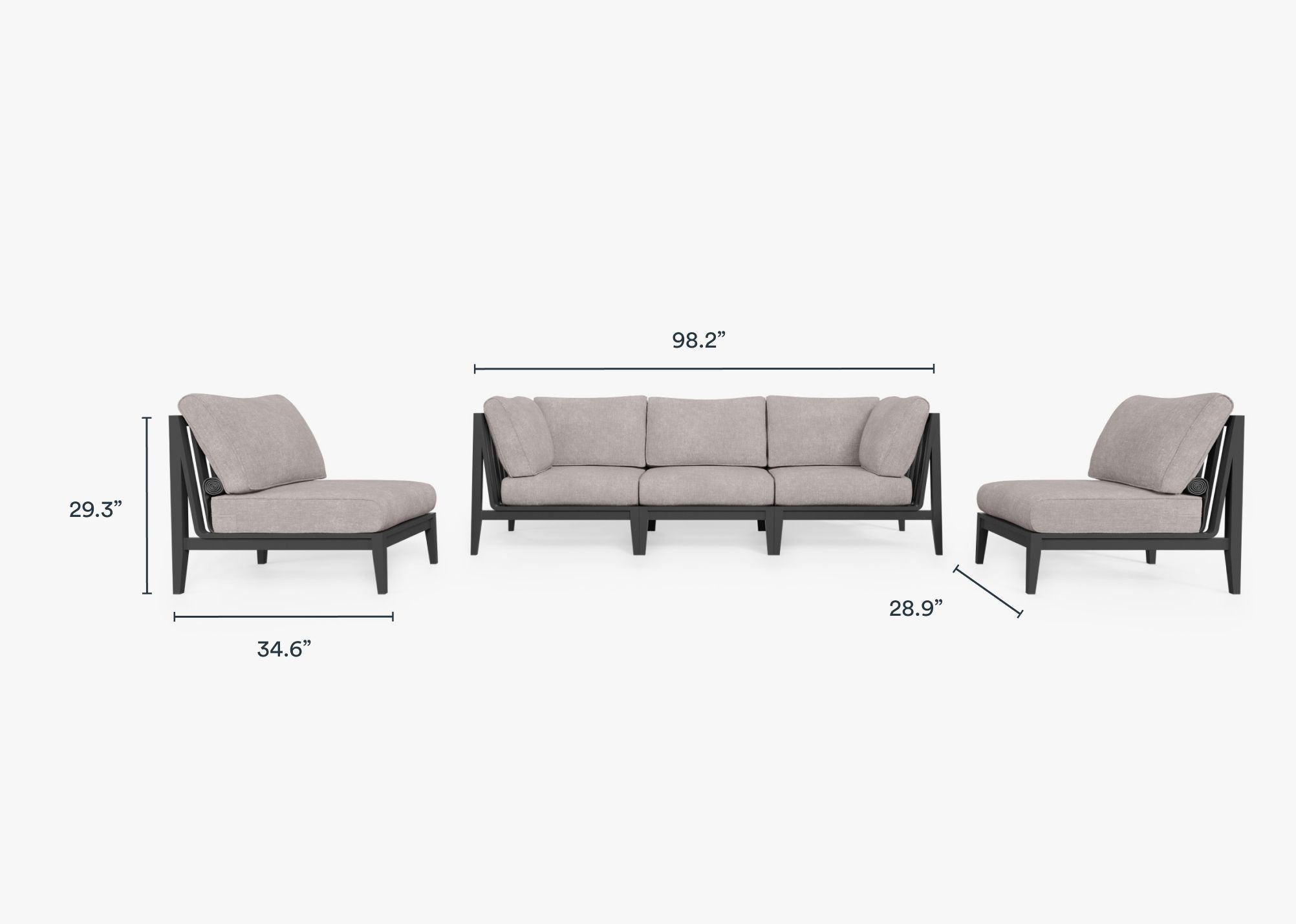Charcoal Aluminum Outdoor Sofa with Armless Chairs - 5 Seat dimensions in inches, also listed under Dimensions and Weights. #color_sandstone gray