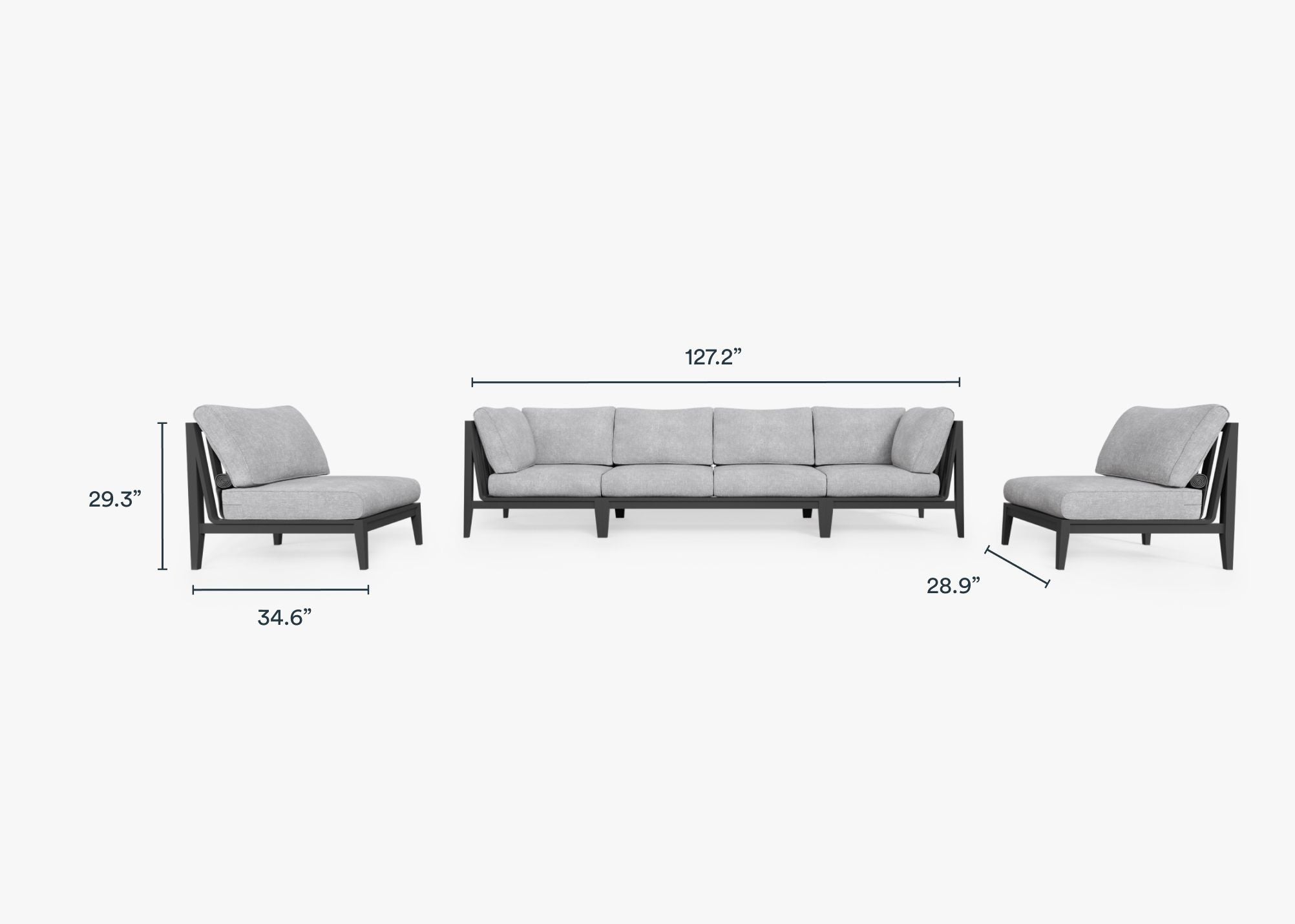 Charcoal Aluminum Outdoor Sofa with Armless Chairs - 6 Seat dimensions in inches, also listed under Dimensions and Weights. #color_pacific fog gray
