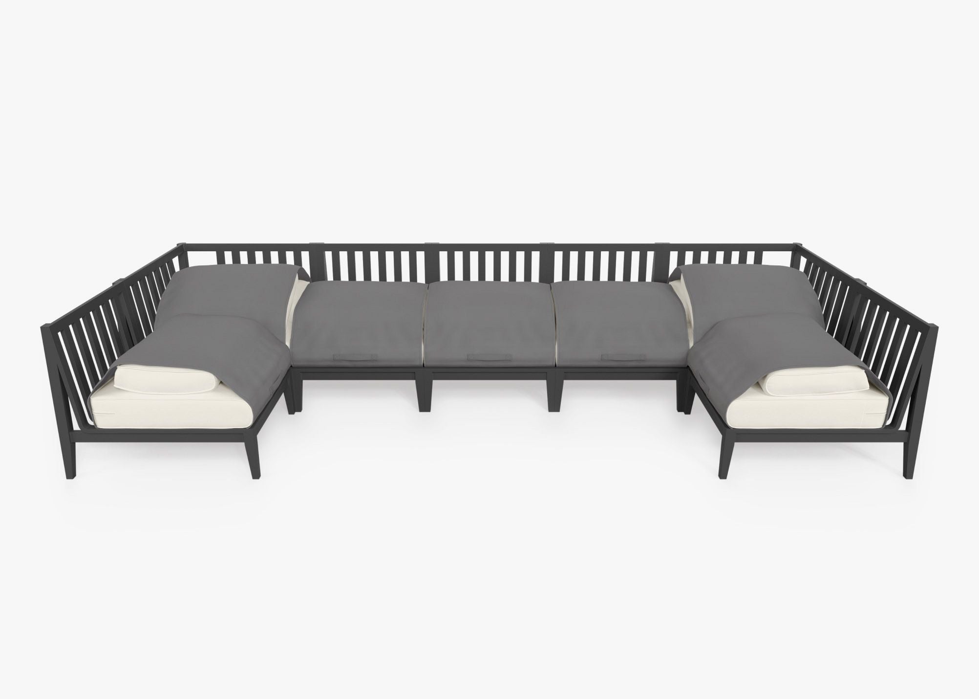 Charcoal Aluminum Outdoor U Sectional - 7 Seat shown with the OuterShell outdoor cushion cover, offering exclusive integrated protection. #color_palisades cream