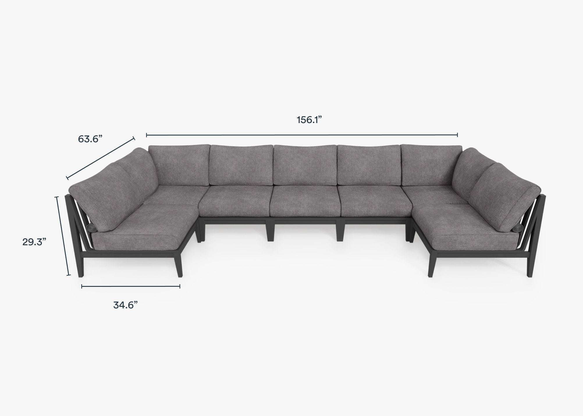 Charcoal Aluminum Outdoor U Sectional - 7 Seat dimensions in inches, also listed under Dimensions and Weights. #color_dark pebble gray