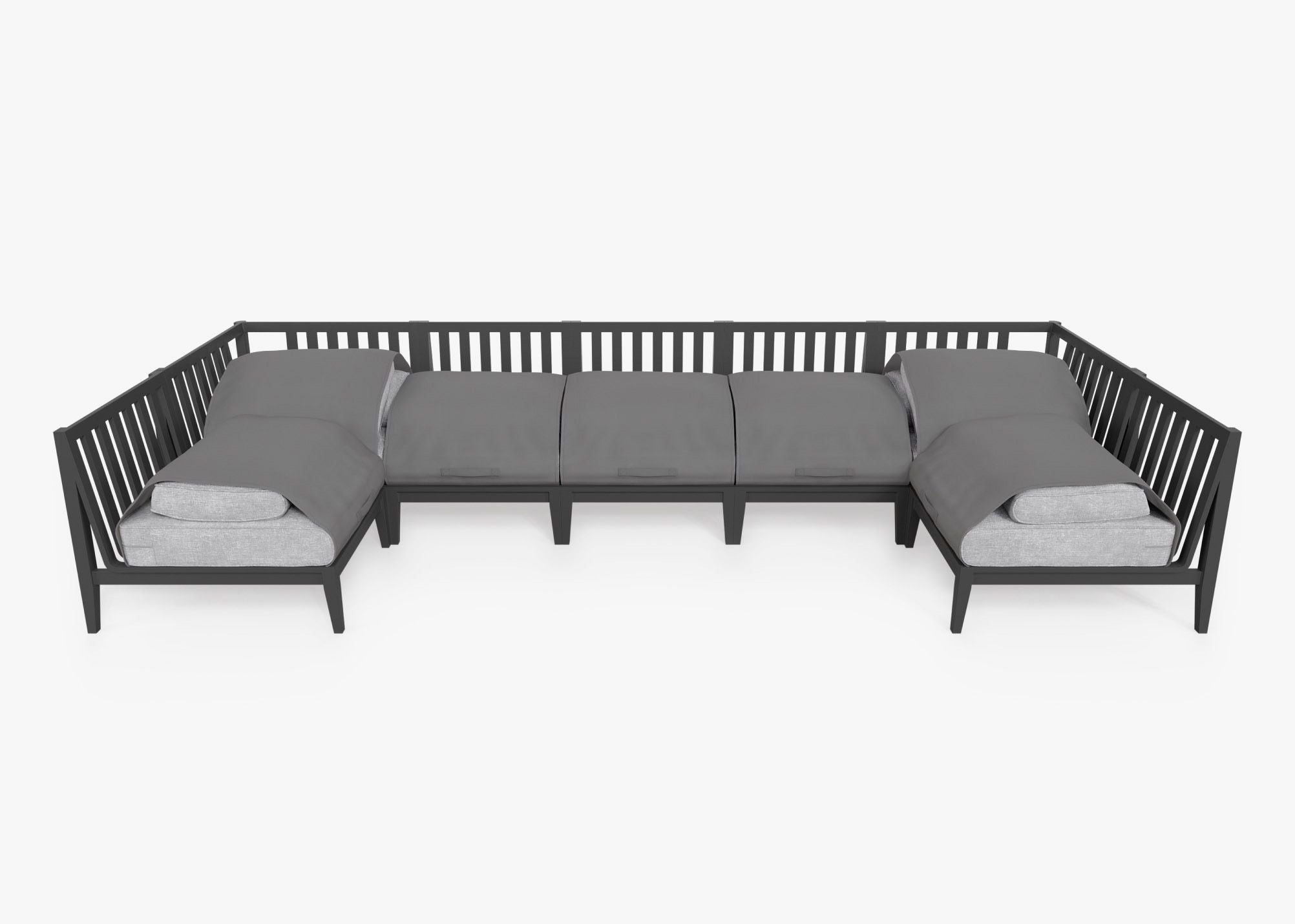 Charcoal Aluminum Outdoor U Sectional - 7 Seat shown with the OuterShell outdoor cushion cover, offering exclusive integrated protection. #color_pacific fog gray