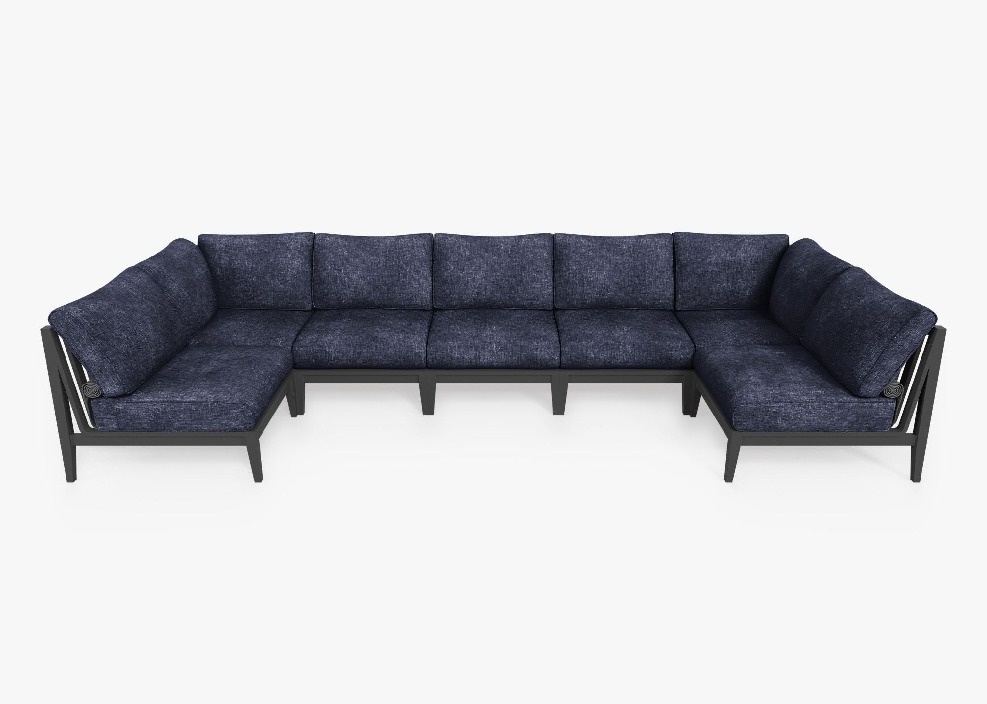 Charcoal Aluminum Outdoor U Sectional - 7 Seat, front. Comfortable, durable, and weather resistant outdoor seating with memory foam. #color_deep sea navy