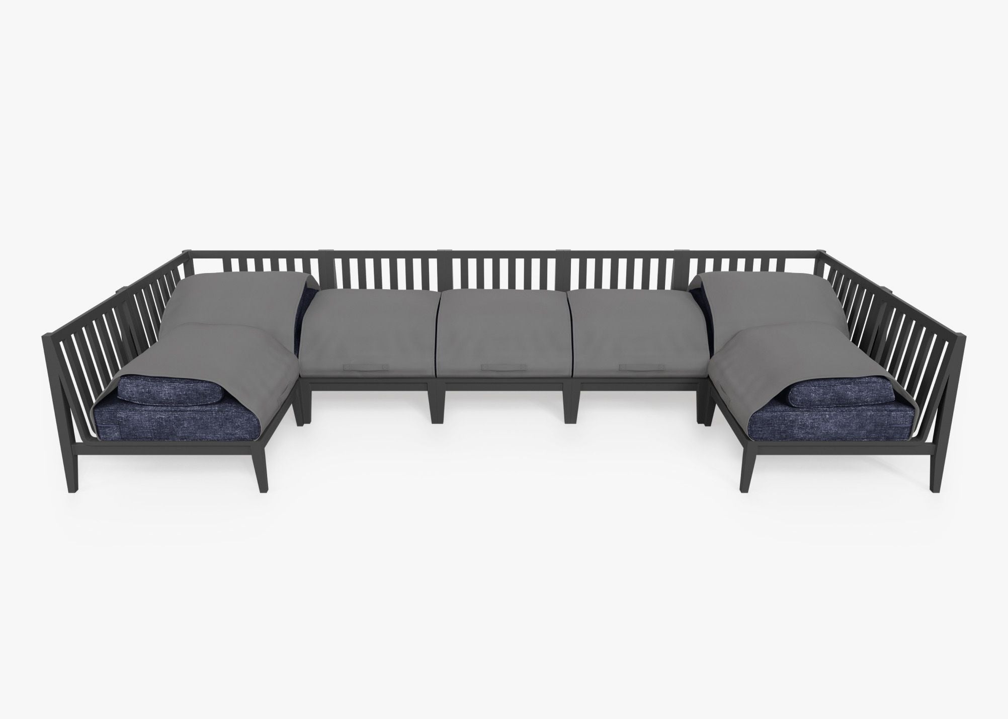 Charcoal Aluminum Outdoor U Sectional - 7 Seat shown with the OuterShell outdoor cushion cover, offering exclusive integrated protection. #color_deep sea navy