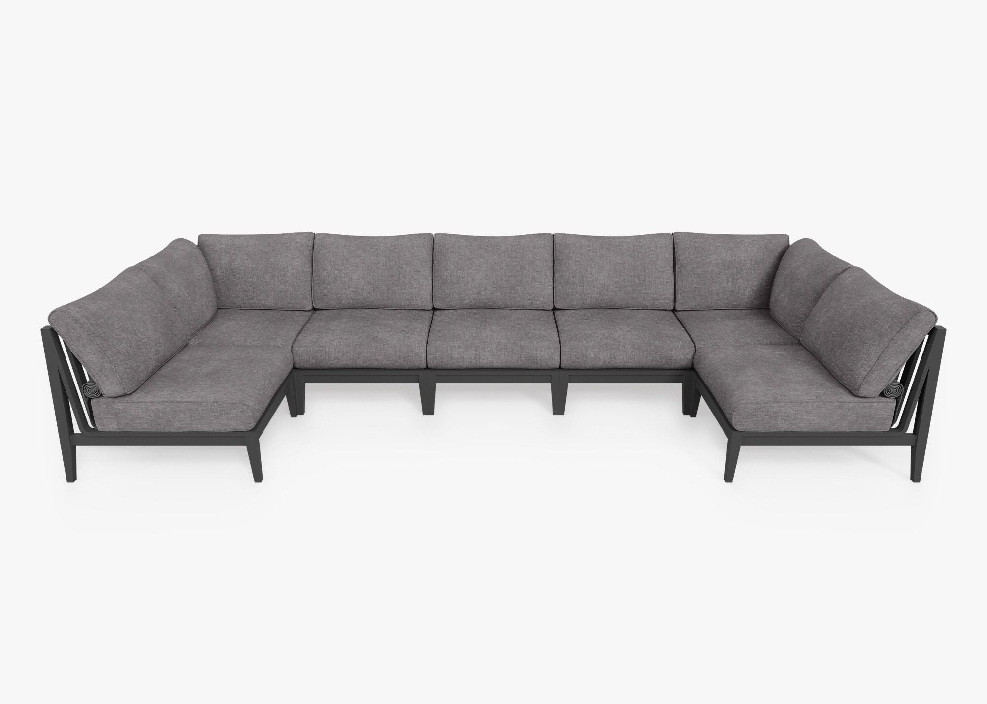 Charcoal Aluminum Outdoor U Sectional - 7 Seat, front. Comfortable, durable, and weather resistant outdoor seating with memory foam. #color_dark pebble gray