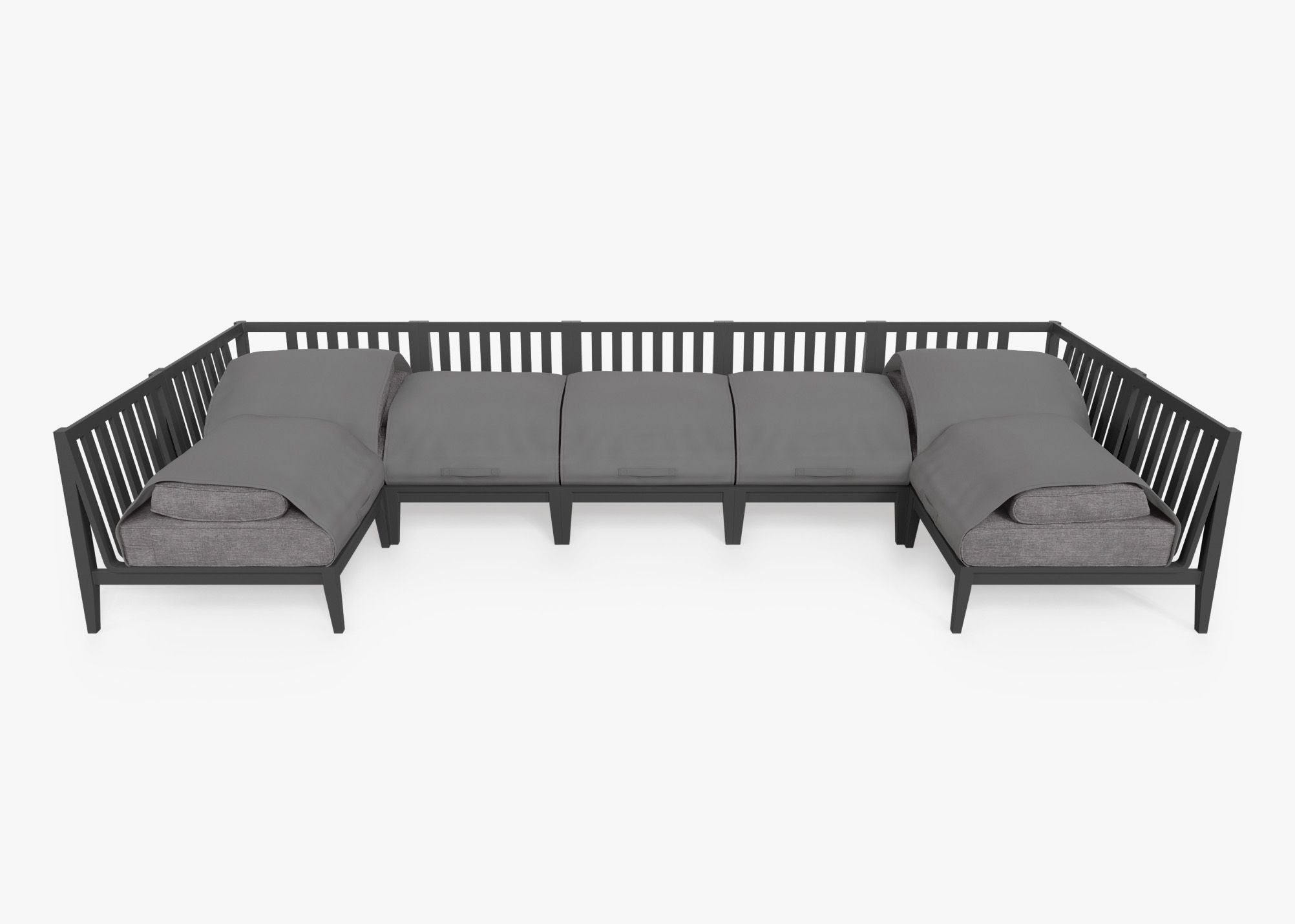 Charcoal Aluminum Outdoor U Sectional - 7 Seat shown with the OuterShell outdoor cushion cover, offering exclusive integrated protection. #color_dark pebble gray
