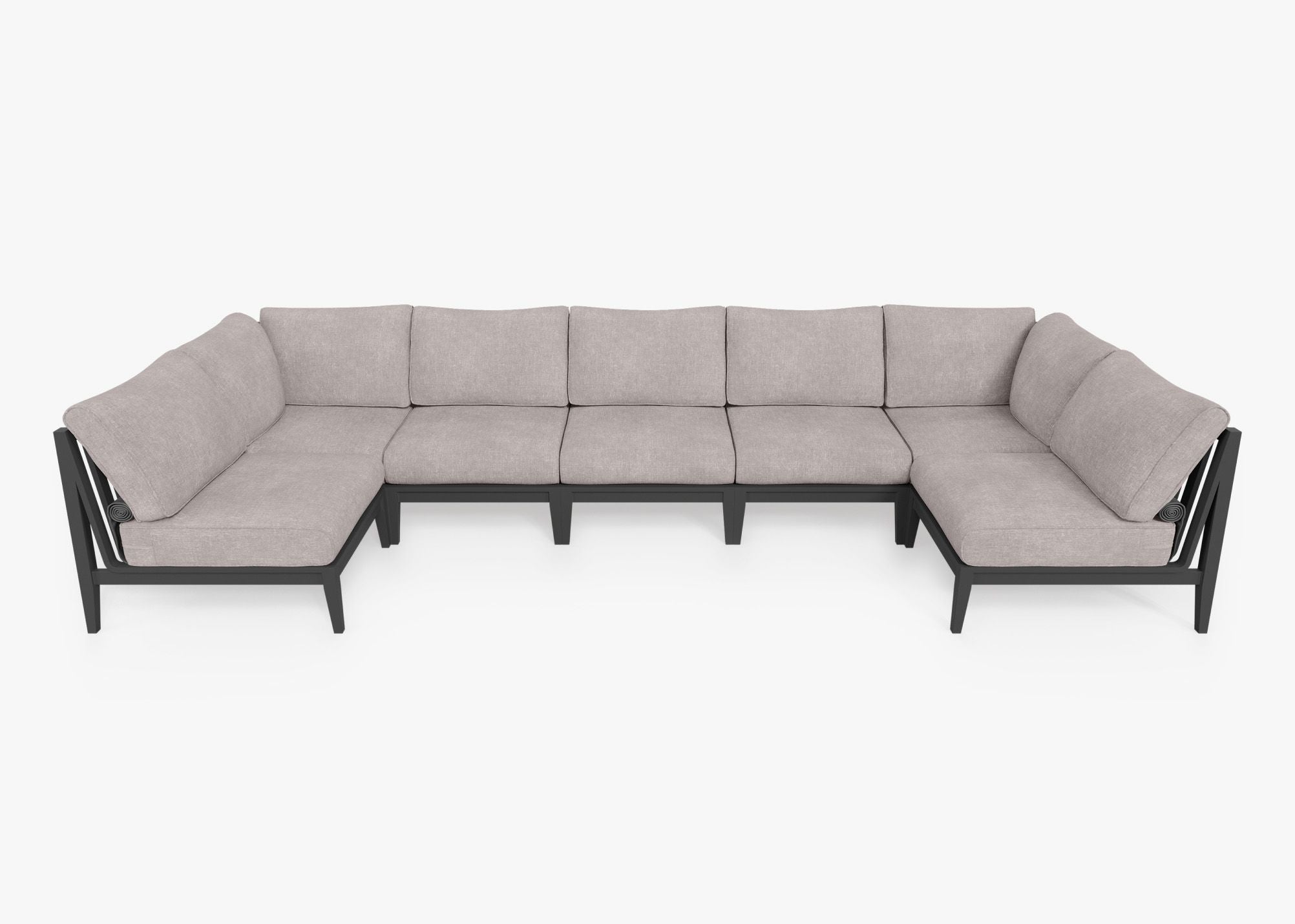 Charcoal Aluminum Outdoor U Sectional - 7 Seat, front. Comfortable, durable, and weather resistant outdoor seating with memory foam. #color_sandstone gray
