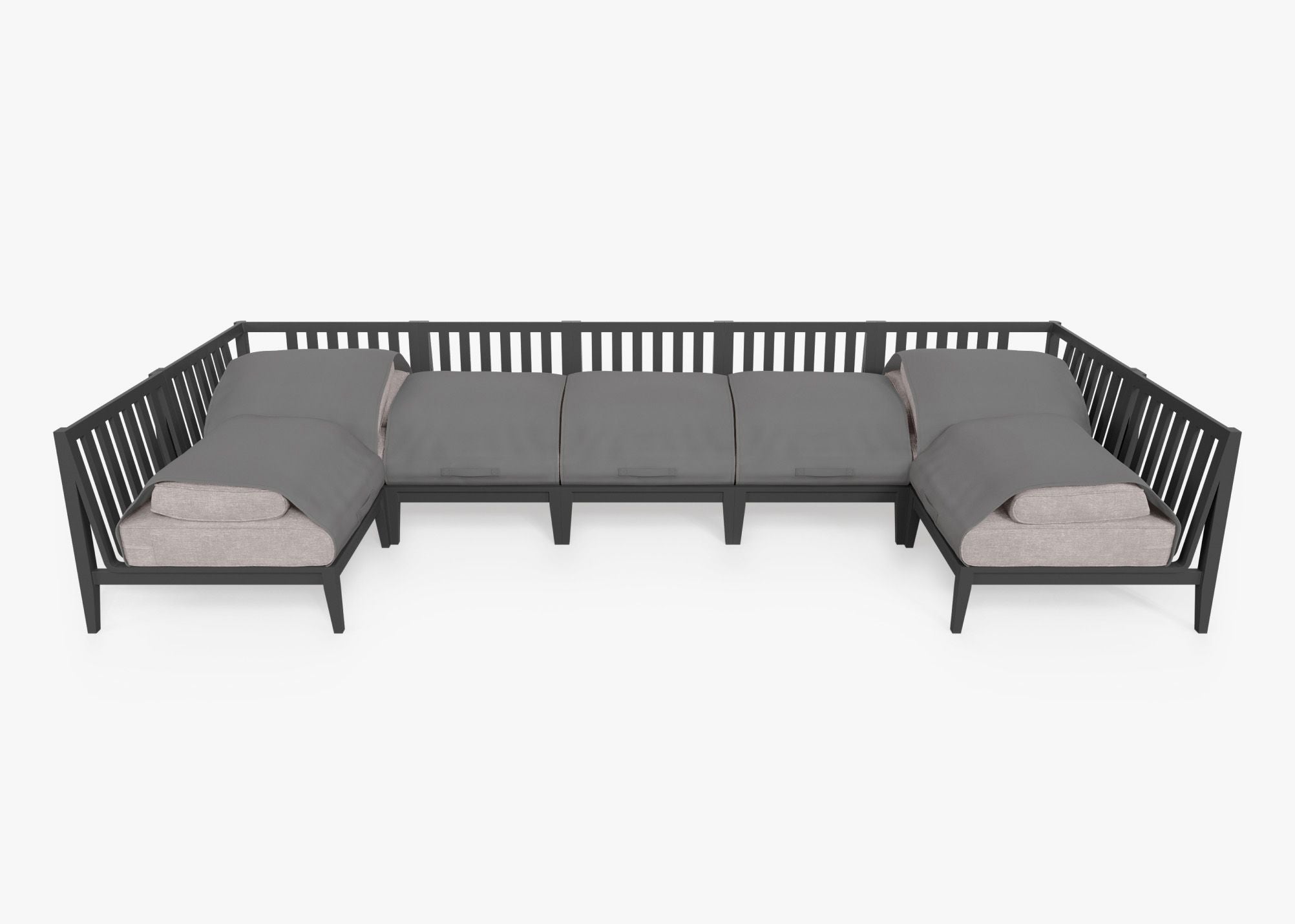Charcoal Aluminum Outdoor U Sectional - 7 Seat shown with the OuterShell outdoor cushion cover, offering exclusive integrated protection. #color_sandstone gray