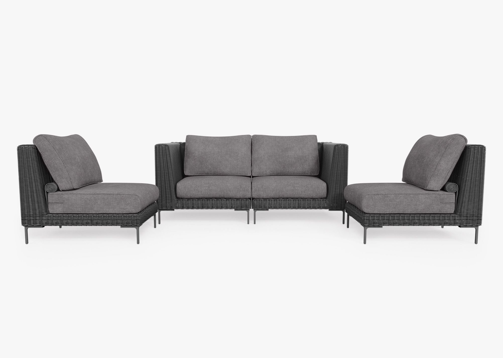 Black Wicker Outdoor Loveseat with Armless Chairs - 4 Seat, front. Comfortable, durable, and weather resistant outdoor seating with memory foam. #color_dark pebble gray